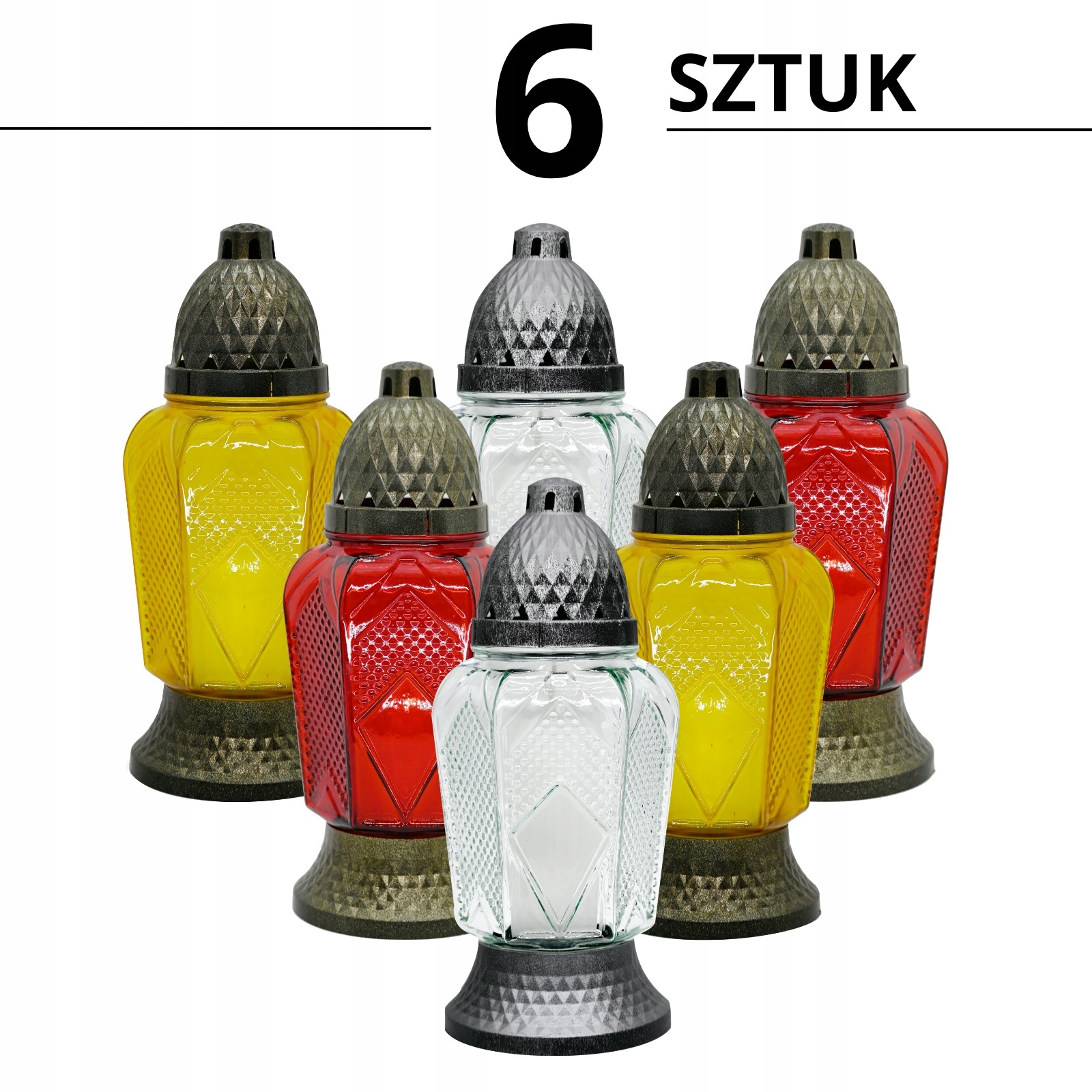 6 x LA557 Znicz szklany 26cm, wkład 80g, czas palenia 18h, mix kolorów