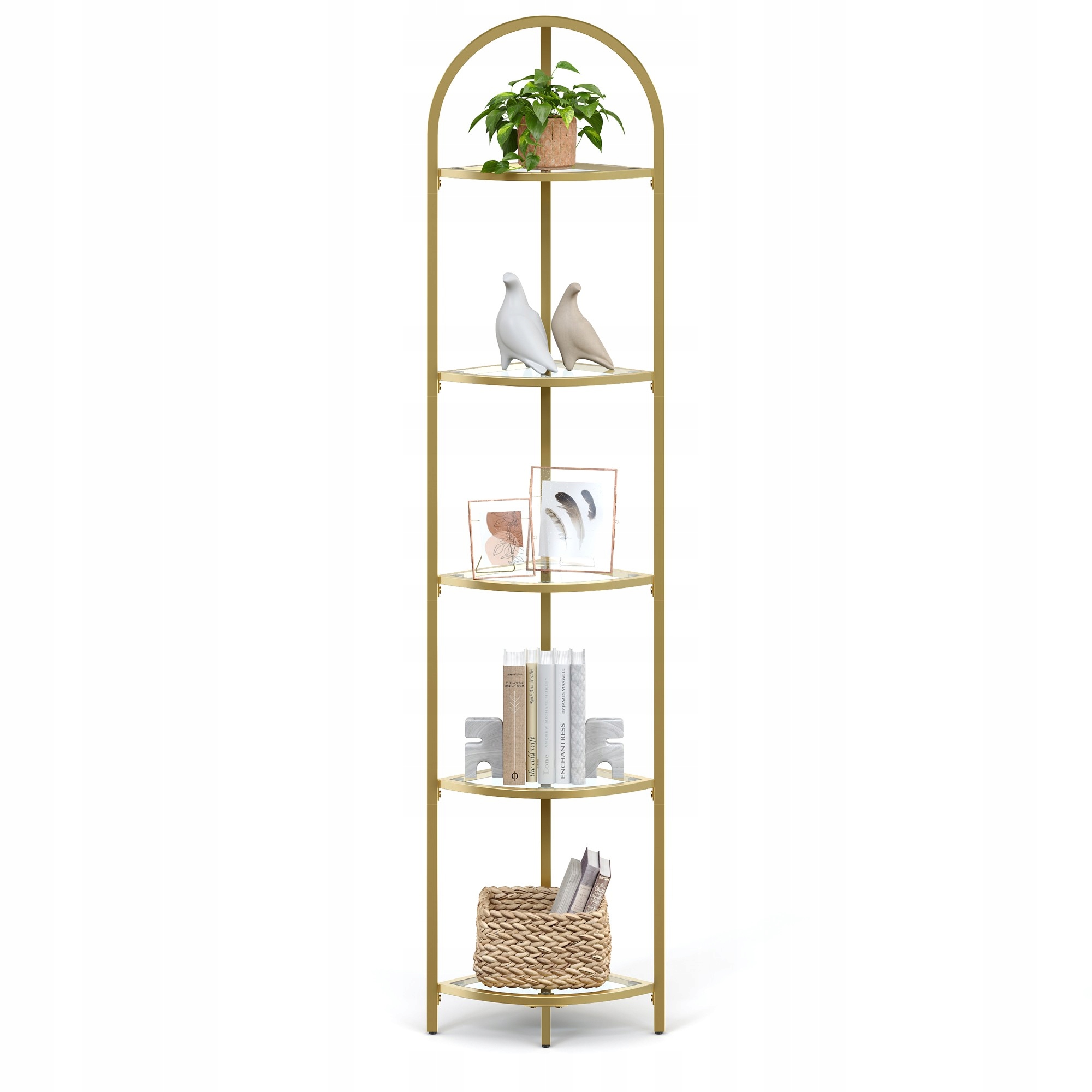 Rohový skleněný regál na knihy, ozdoby, dekorace, zlatý Glamour, 158 cm