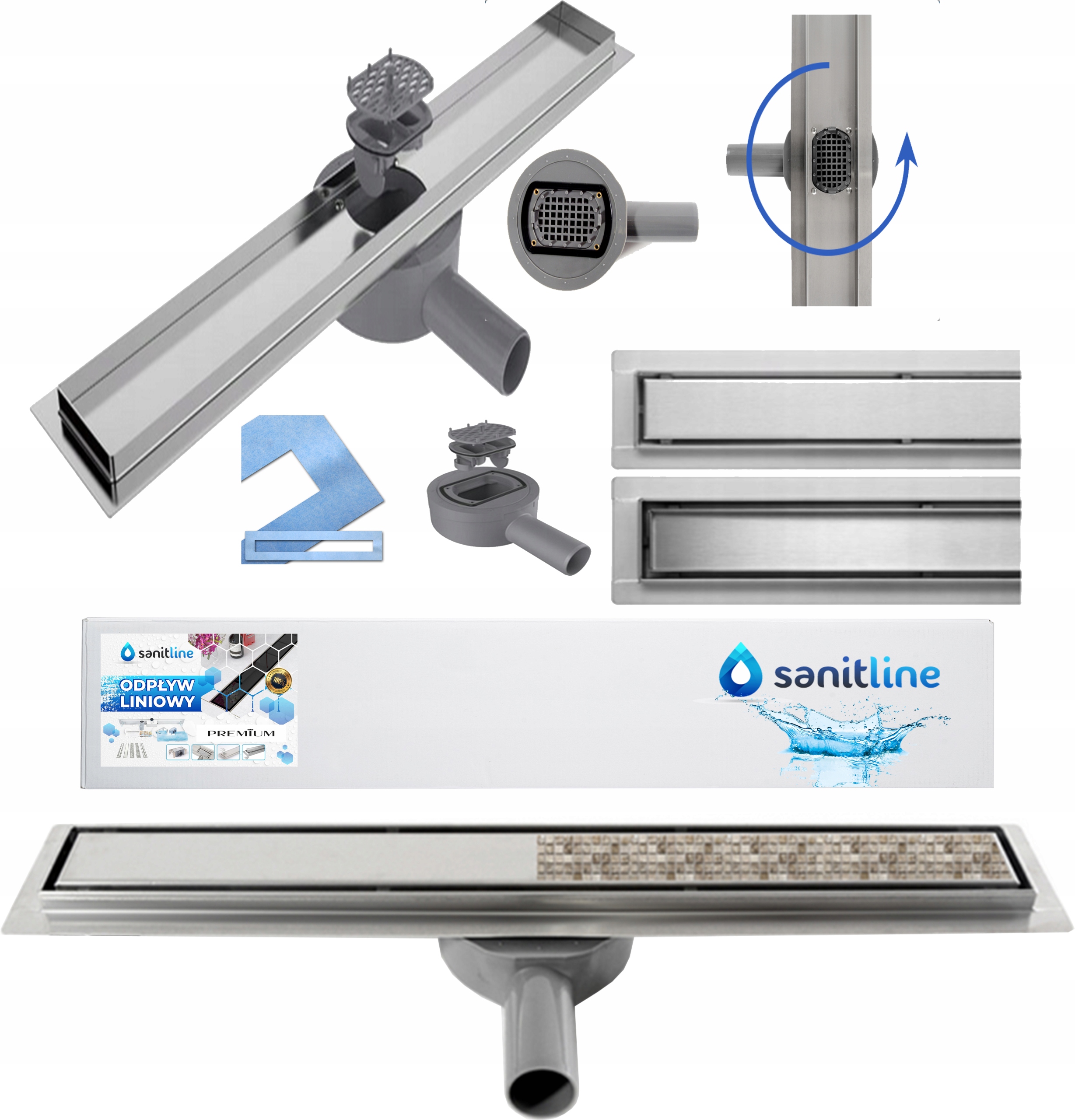 Sanitline Lineární Odtok Otočný 60 cm 2v1 Nízký Sifon 360 Nízký Sifon 52 mm