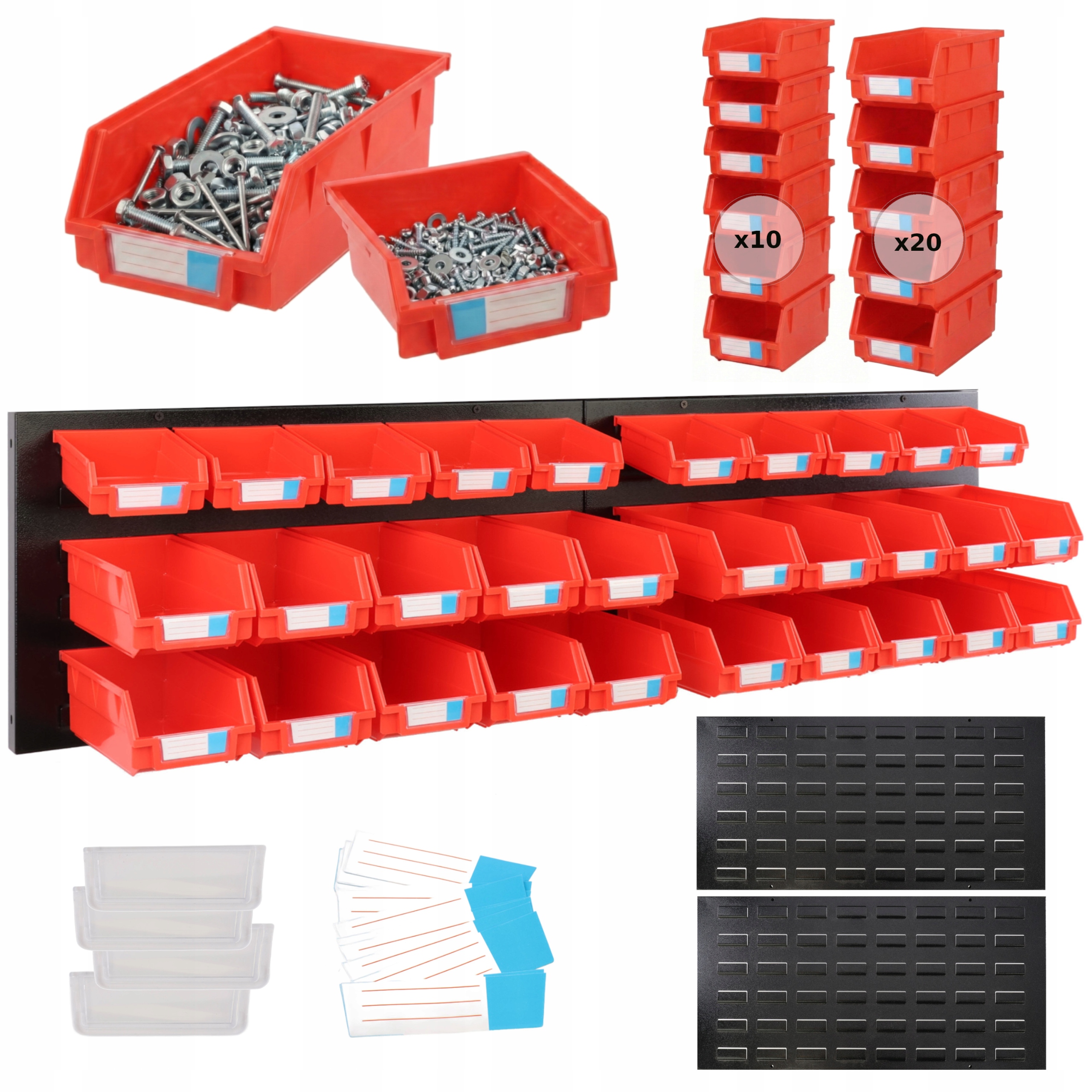 Kovová pevná dílenská tabule botle 119 x 30 cm 30 boxů červených