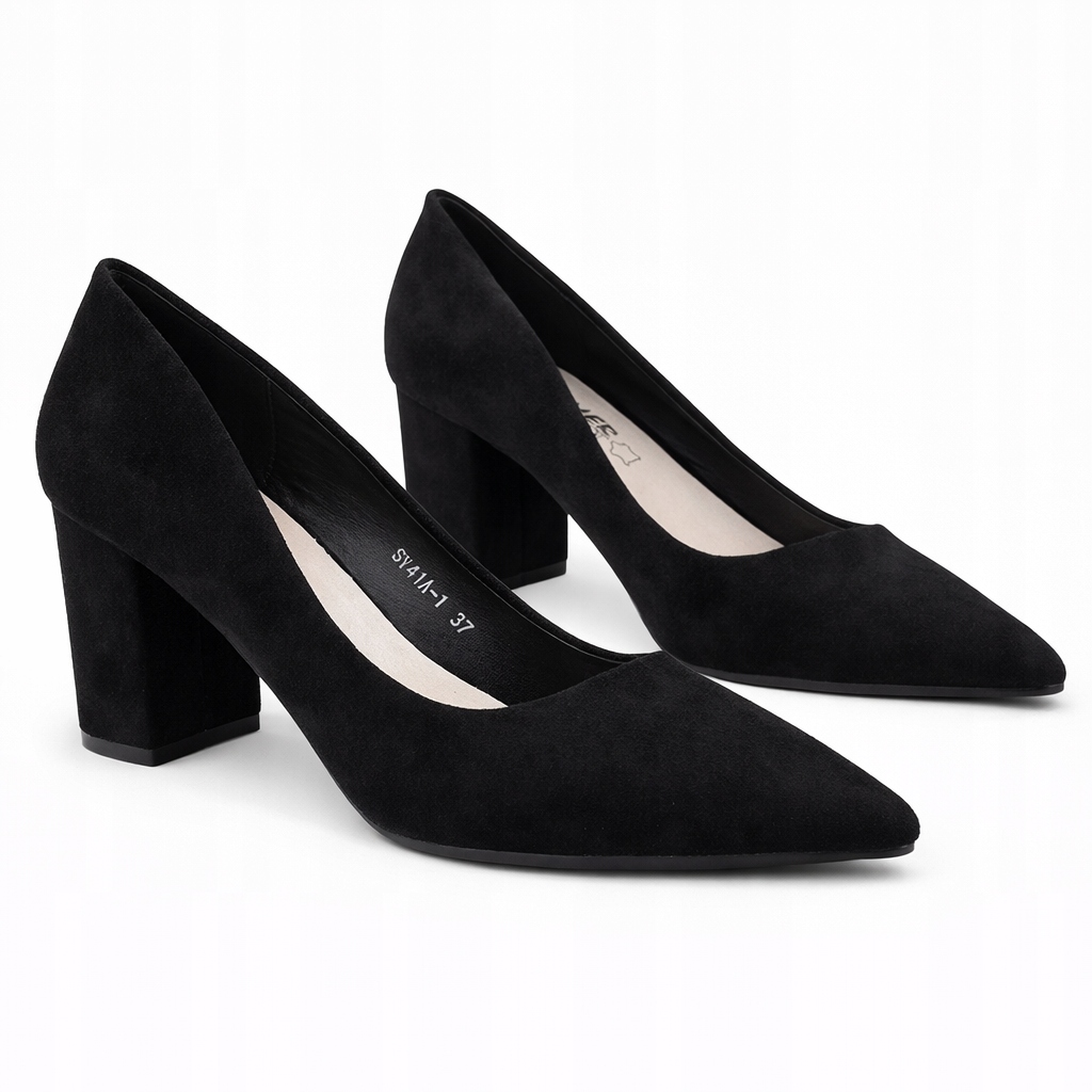 Czółenka Damskie Na Słupku Zamszowe Czarne Szpic Modne