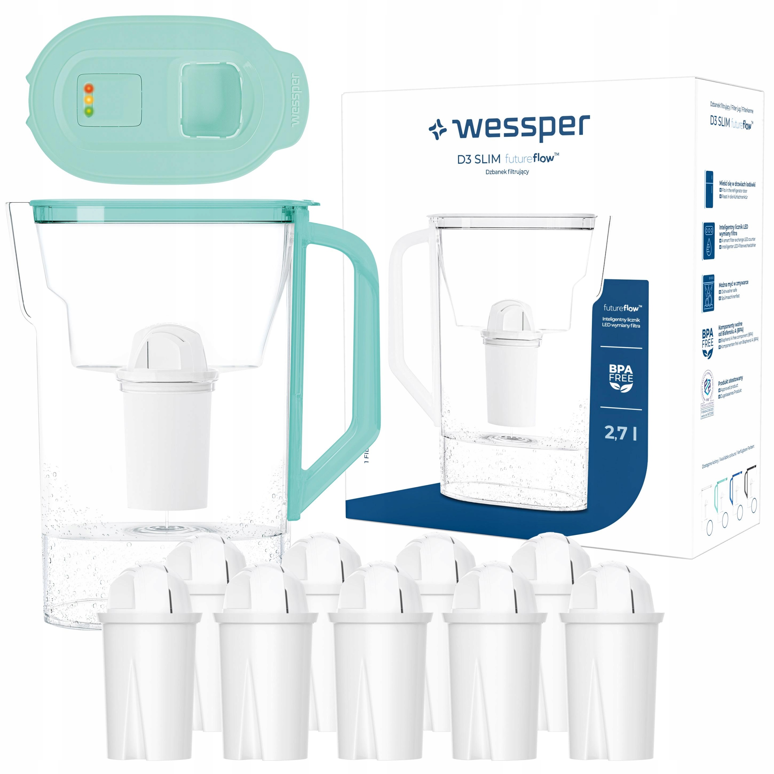 Filtrační konvice Wessper na dveře ledničky s futureflow Led 10 x vodní filtr