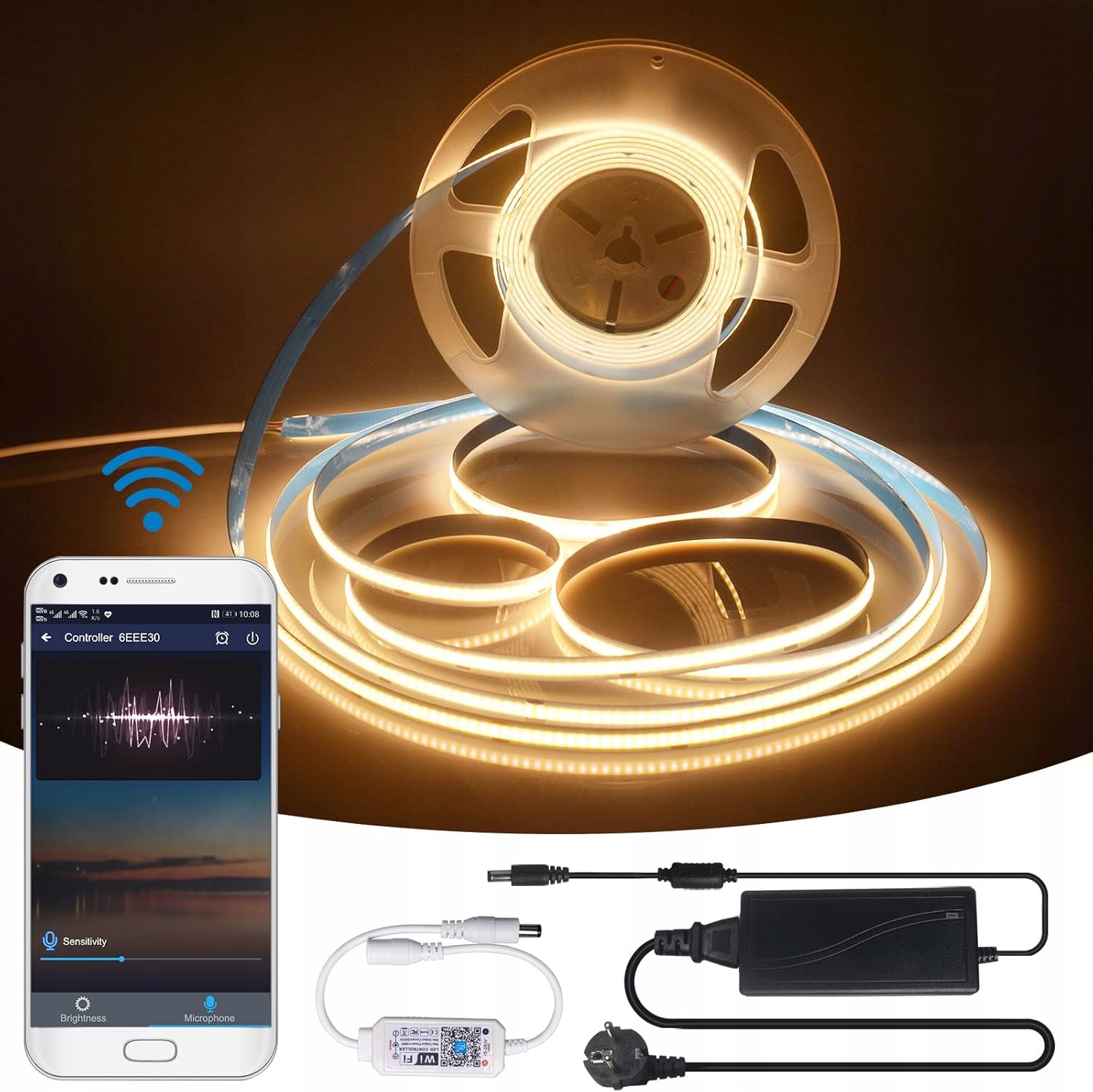 Led pásek Cob 10 m WiFi Teplá bílá 3000K Sada Smart App Alexa