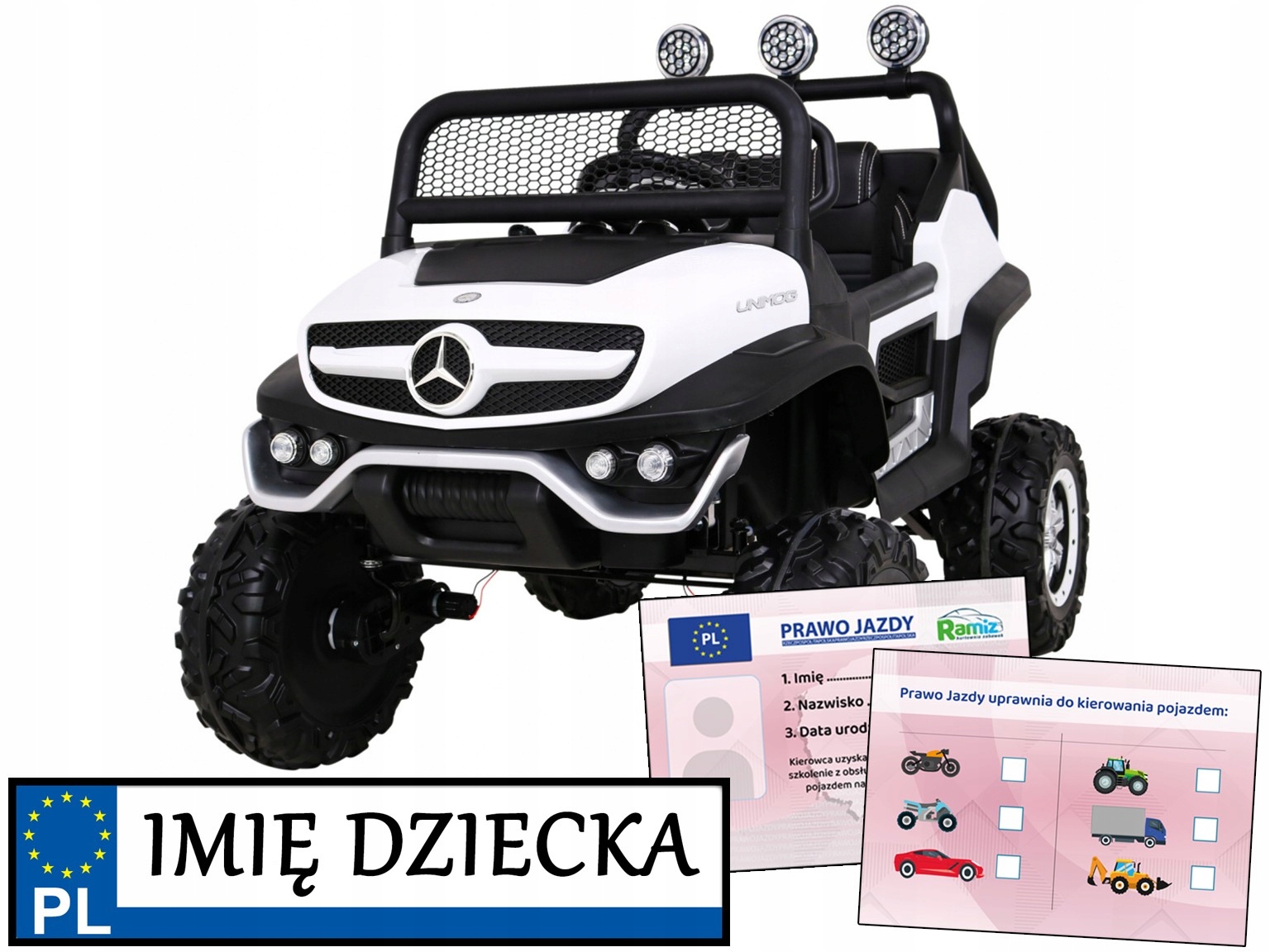 2 osobowe autko na akumulator dla dzieci Mercedes Benz Unimog 4 silniki
