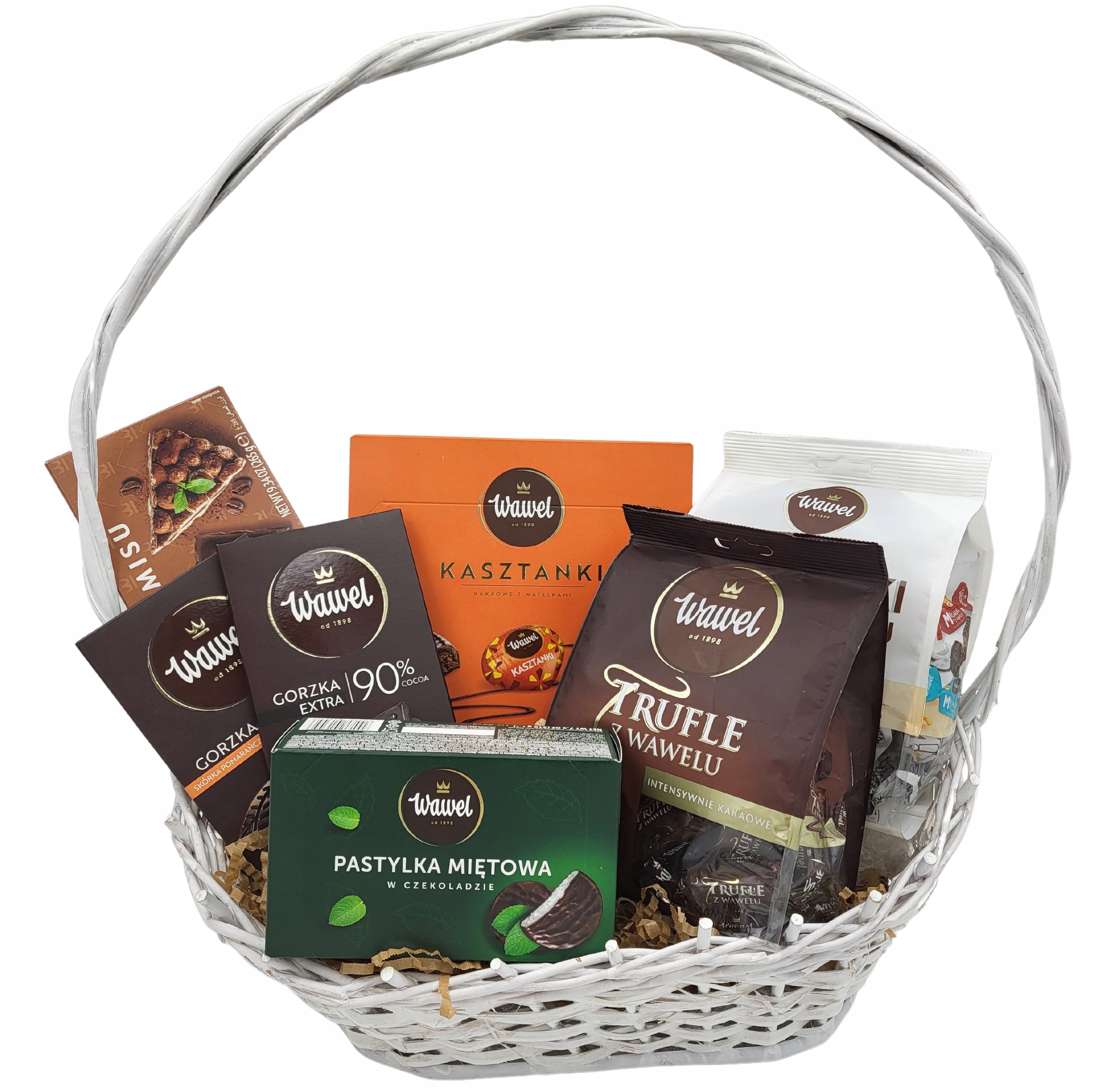 Kosz prezentowy Cukierki Czekoladki Czekolada Bombonierka Wawel