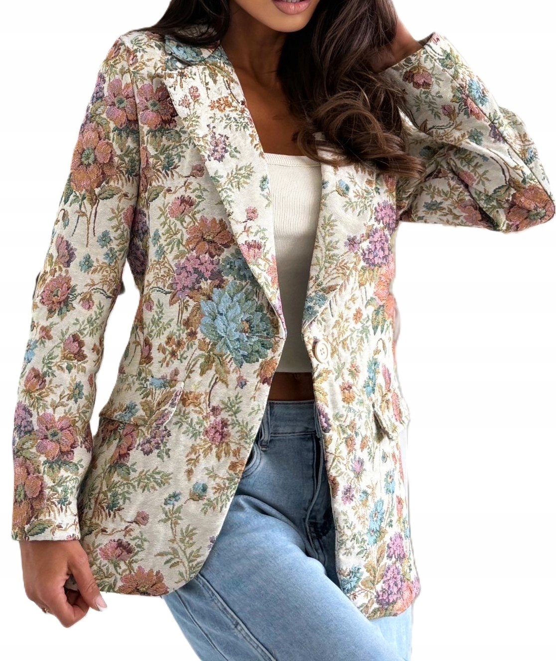 Włoski żakardowy żakiet żakardowa marynarka kwiaty