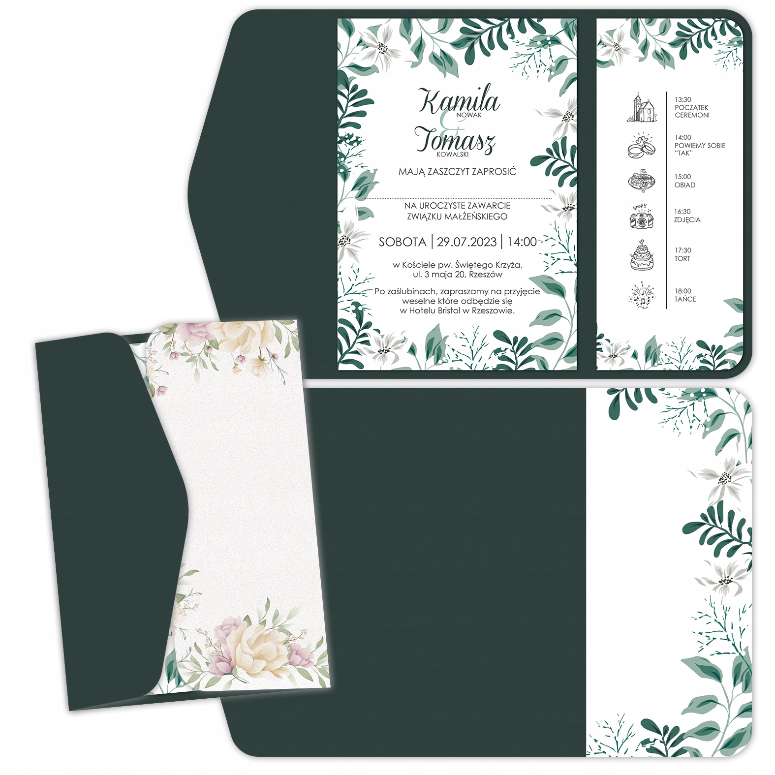 ZAPROSZENIE ŚLUB RSVP KOPERTA OPASKA C ZIELONE Z2 Kolor dominujący odcienie zieleni