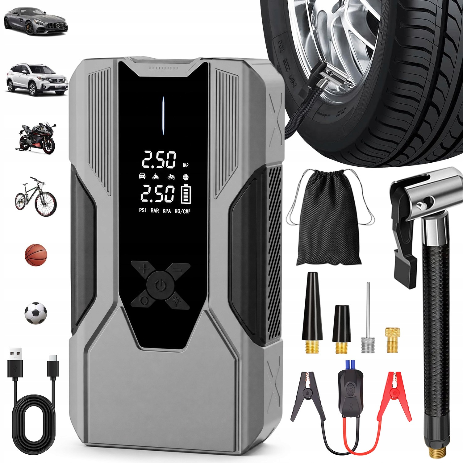 Silný Štartér Jump Starter Booster All In 1 Kompresor Powerbank S Baterkou