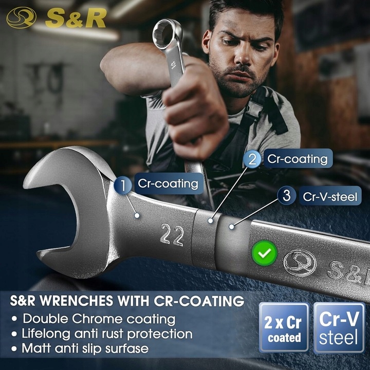 S&R Klucz płasko-oczkowy 38 mm Cr-V geometria Super Drive Marka S&R