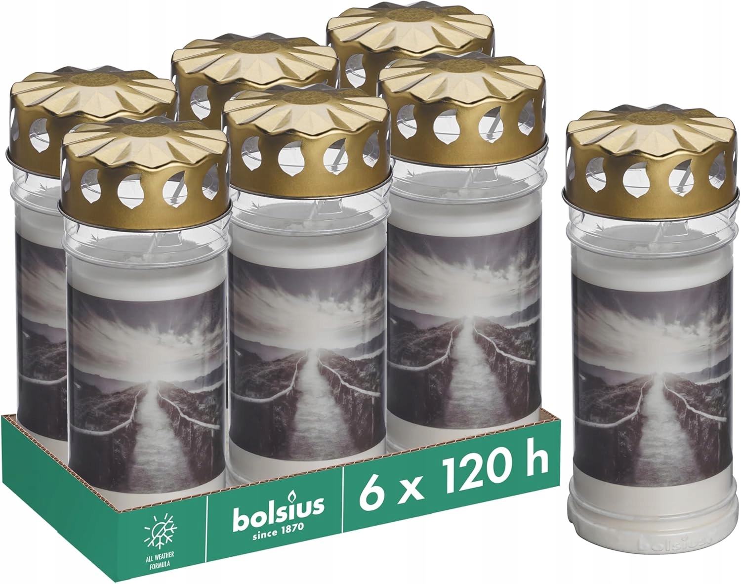 Bolsius bílá Hřbitovní Svíčka 6 ks 120h horský motiv bez palmového oleje