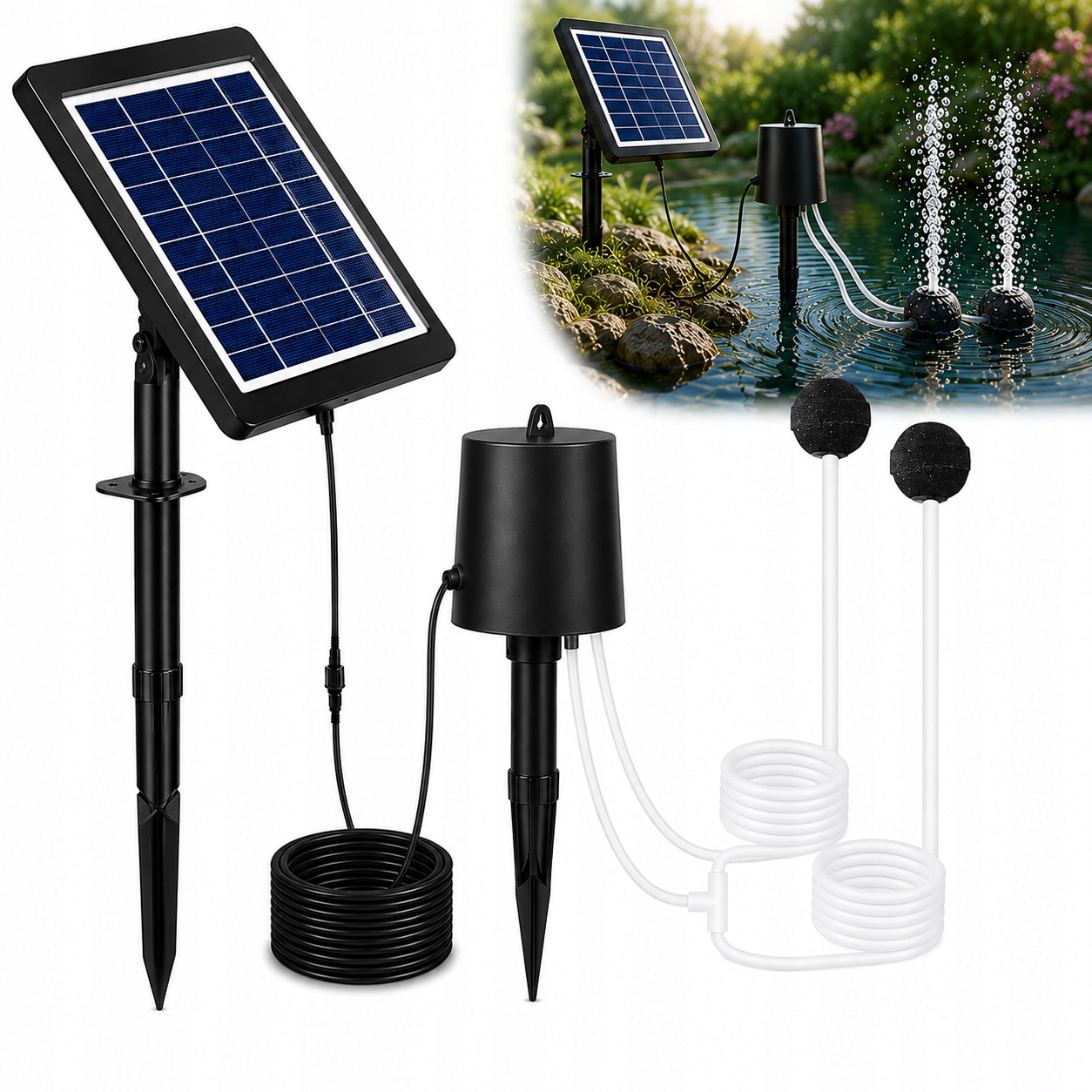 Solárny prevzdušňovač jazierka AP015 – 2200 mAh batérie, 3 režimy, 4 W panel