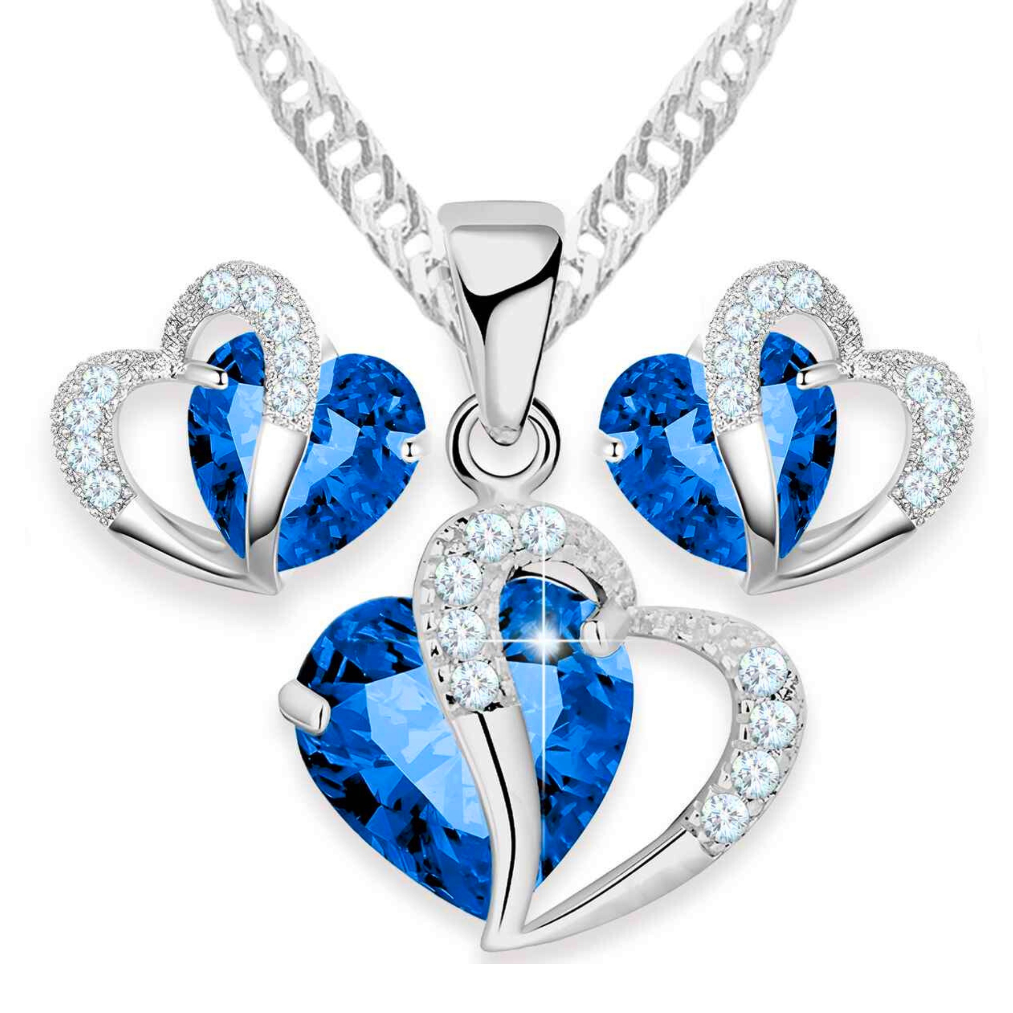 Sada stříbrných šperků Náušnice a modrý náhrdelník se srdíčkem Srdíčka