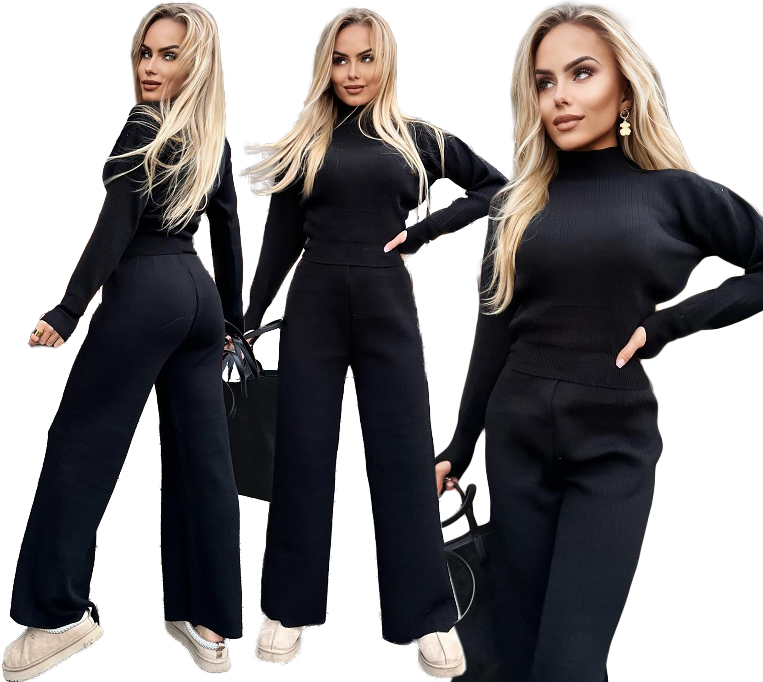 Pletený Komplet dámský svetr žebrované kalhoty wide leg Klementyna