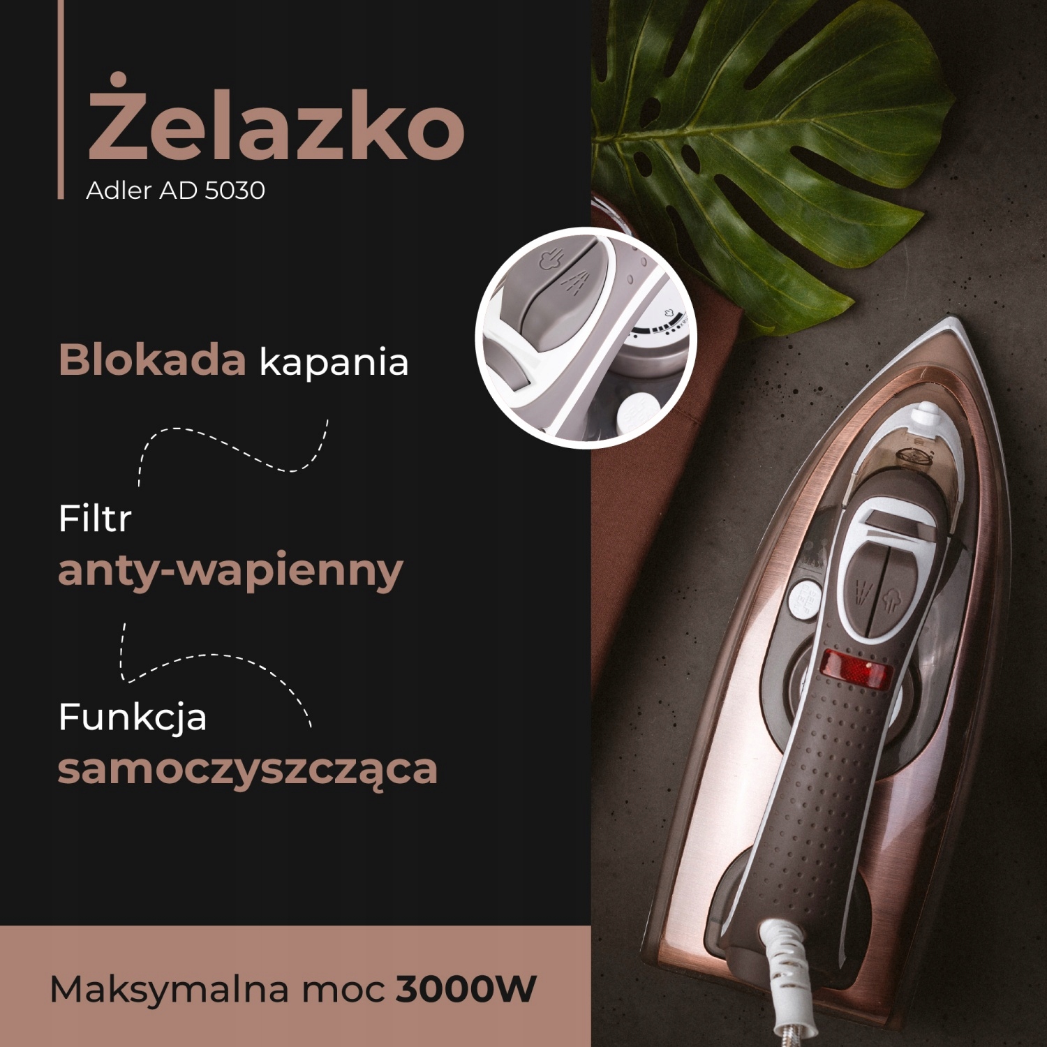 Żelazko Ceramiczne AD 5030 3000W z Funkcją Samoczyszczenia