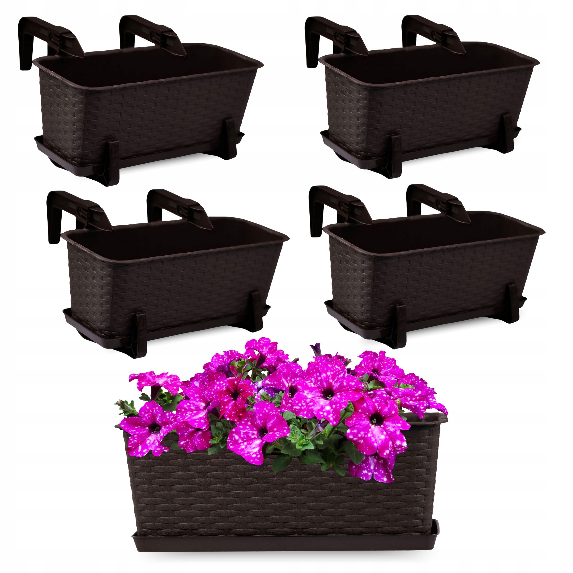4 x Doniczka Donica Skrzynka Balkonowa 40cm Uchwyty Brąz Zestaw