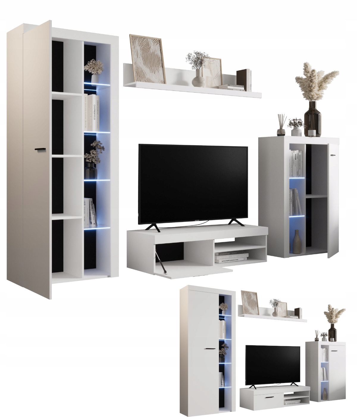 Nábytková Stěna do obývacího pokoje Bílý LRM1 Sada regálů police Rtv skříňka O-sofa