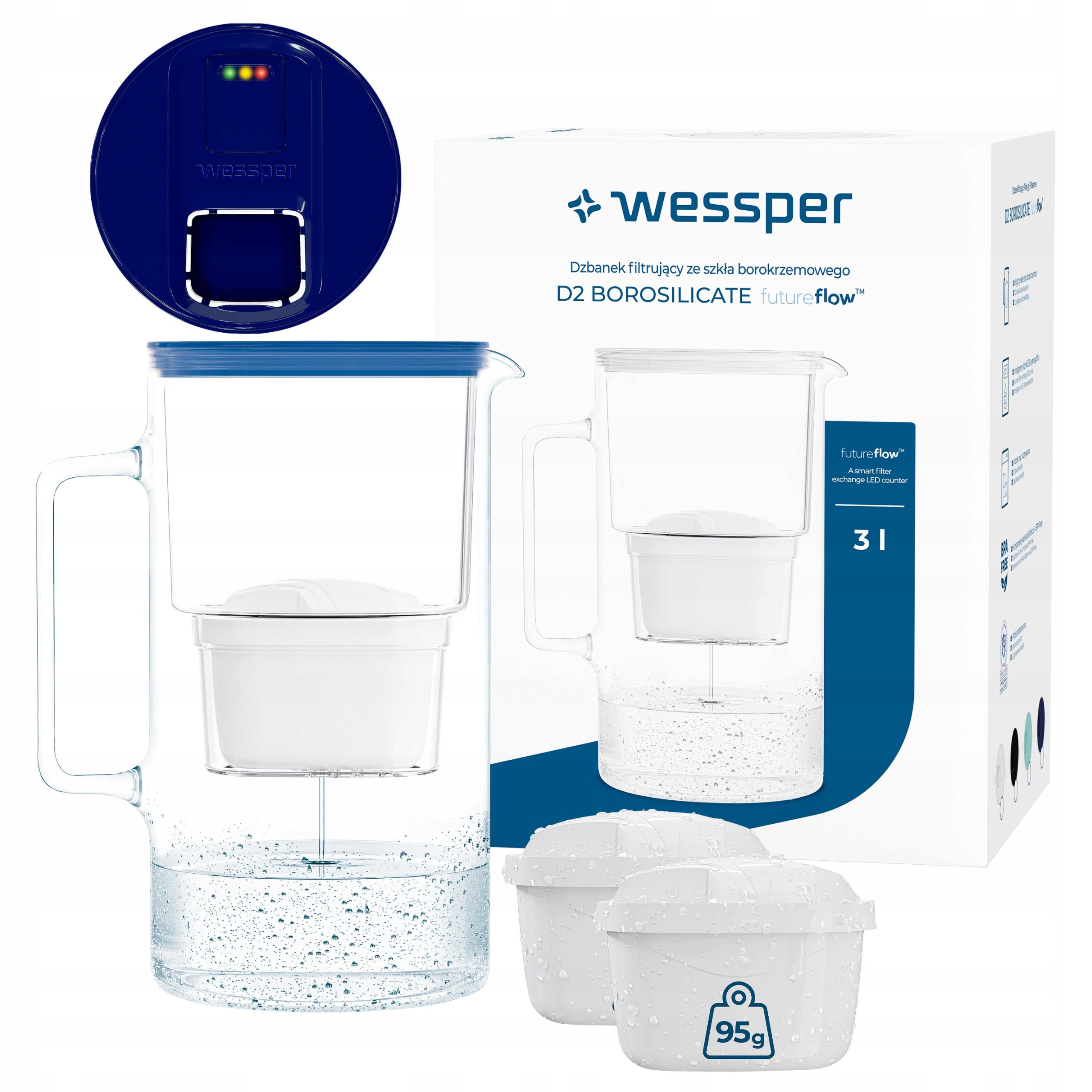 Filtrační konvice skleněná Wessper D2 Borosilicate 3 l 3 x filtr na vodu