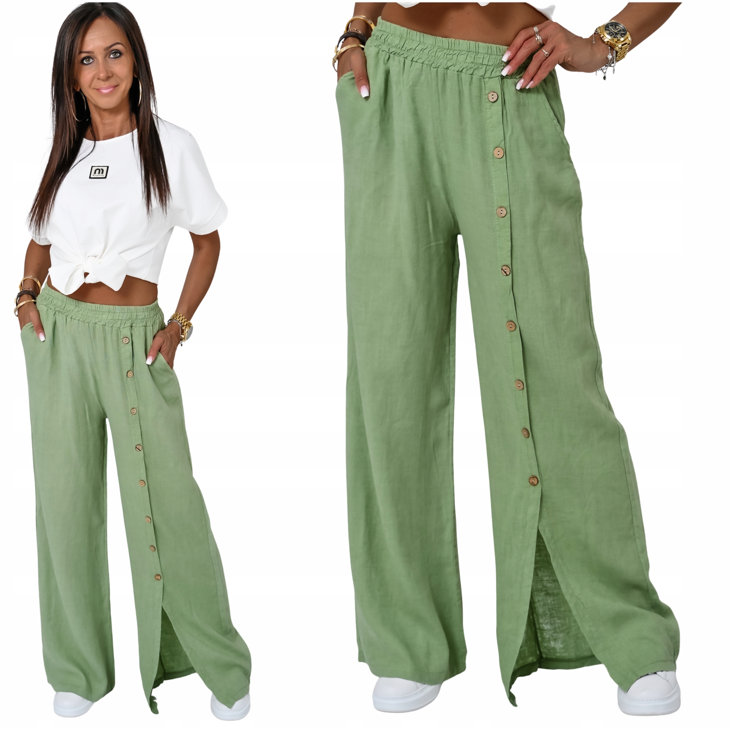 Przewiewne Szerokie Lniane Spodnie Z Gumką Ediss! WZ.3