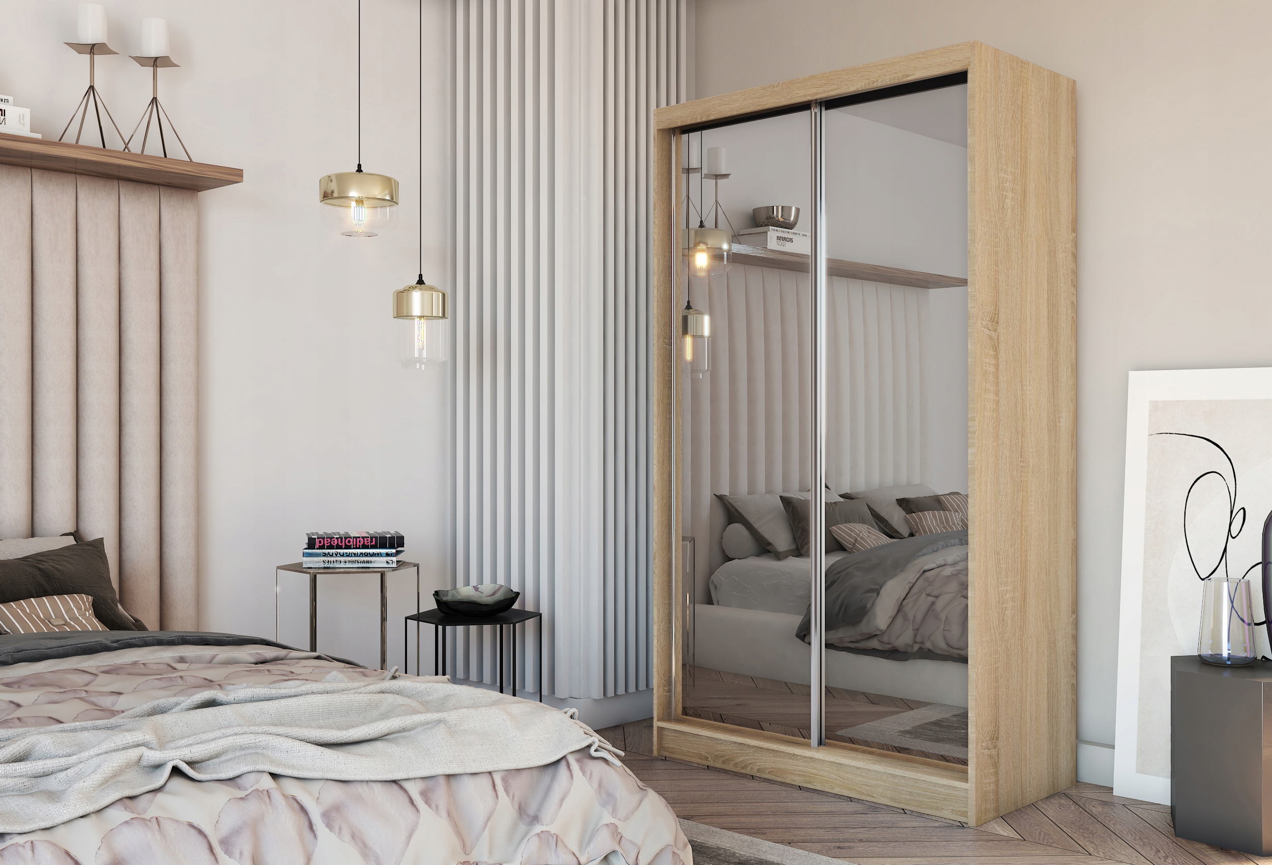 Skříň Posuvná Bellina 120 cm se zrcadlem Zásuvky Skříň Dvoudveřová Dub