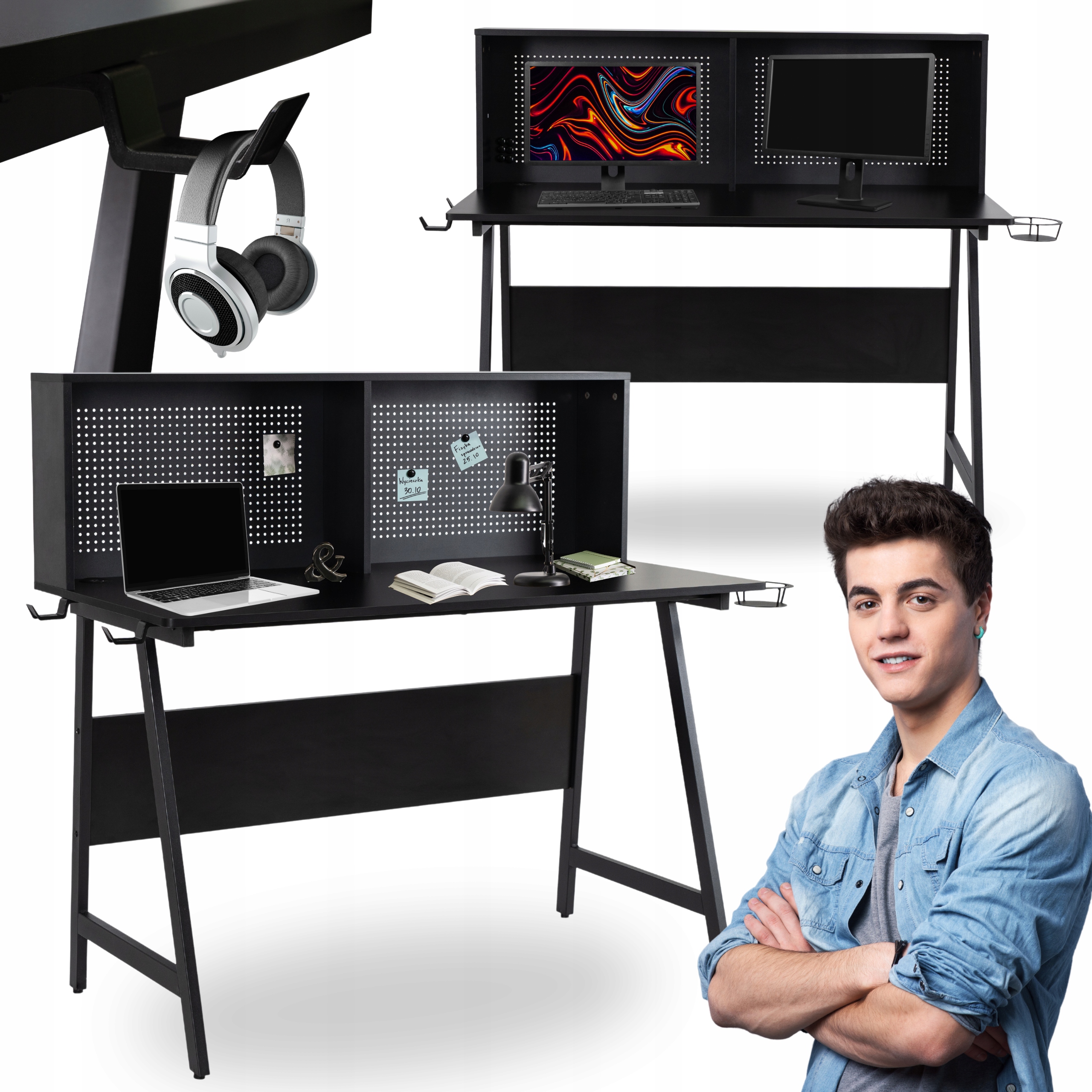 Černý počítačový herní stůl s nadstavbou Industriální Loftový Roll