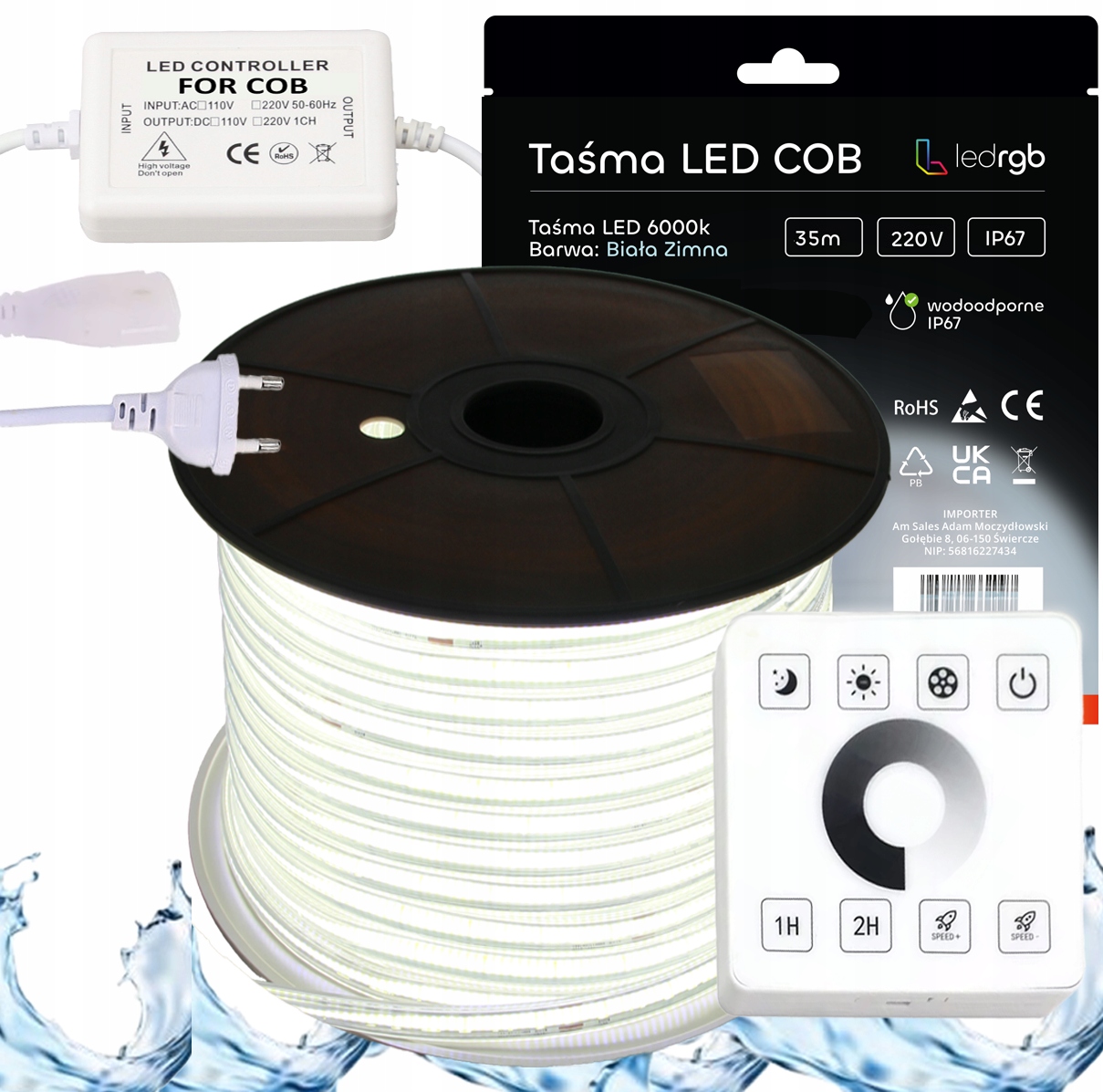 Set Led pásek Cob 230V 35 m 6000K Bílý Studený Napájecí Zdroj Ovladač Dálkový Ovladač Rf