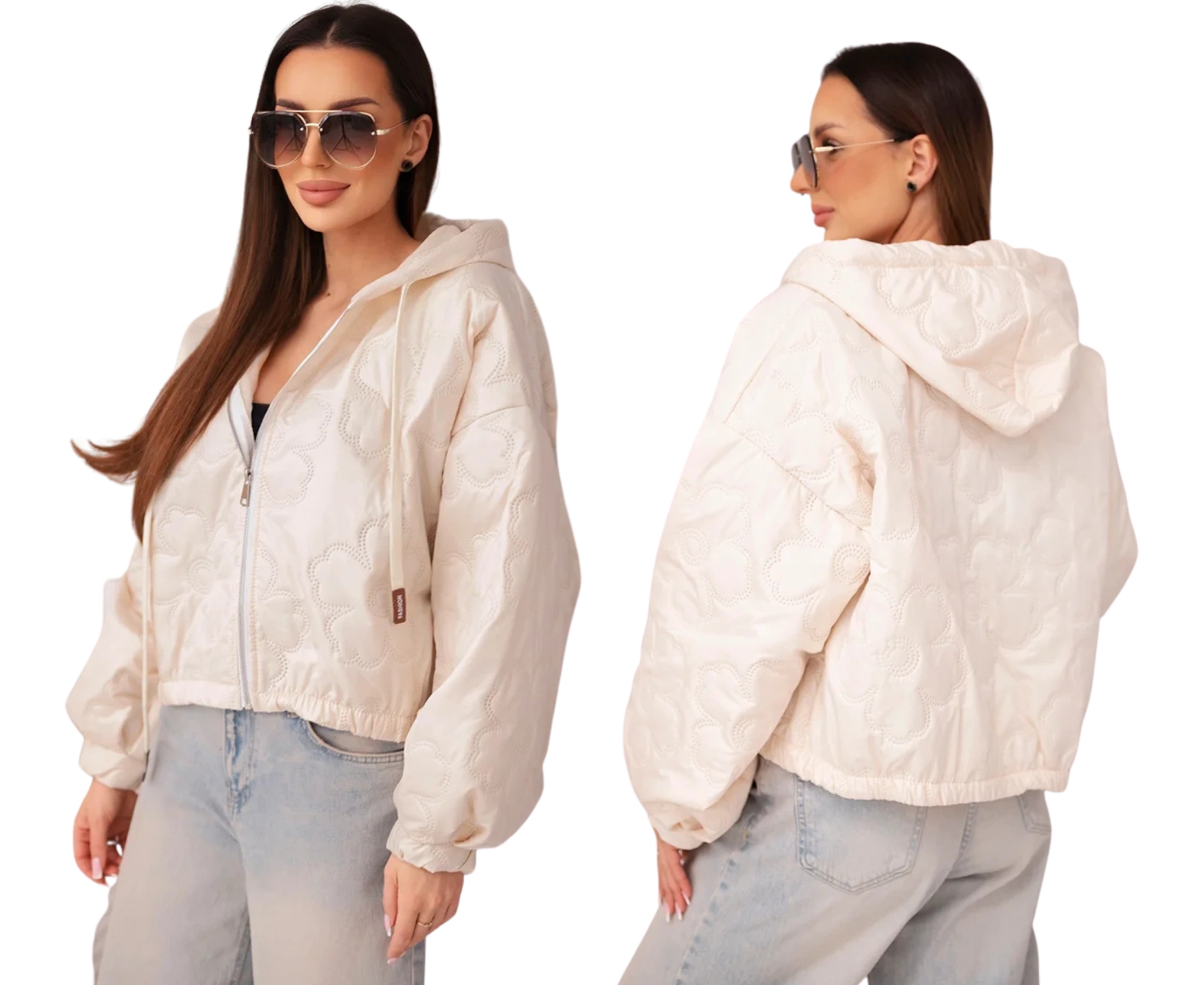 Béžová dámská bomber bunda s kapucí a vyraženým vzorem
