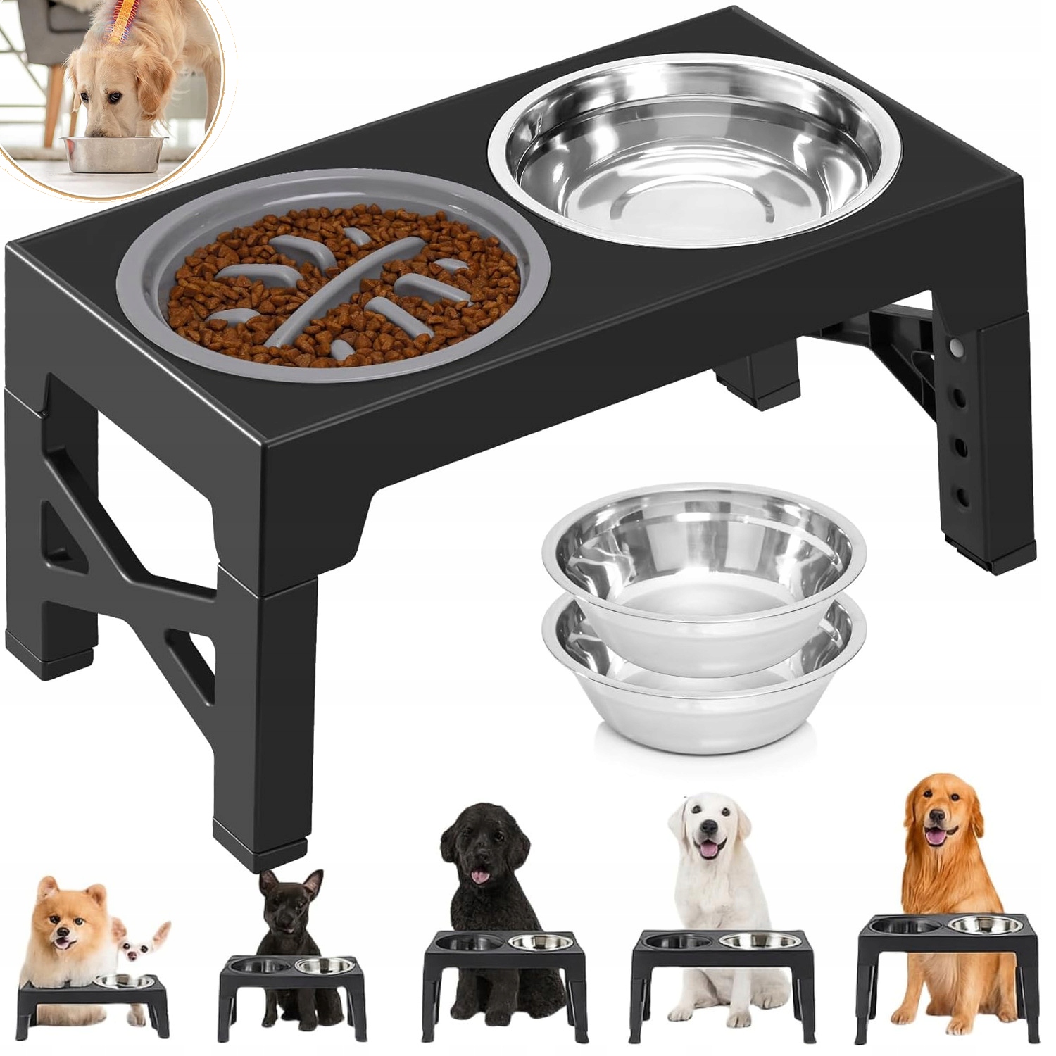 Levně Misky Pro Psa Na Stojanu Dvojitá Nastavitelná Miska Ze 2 Oceli Zpomalovací