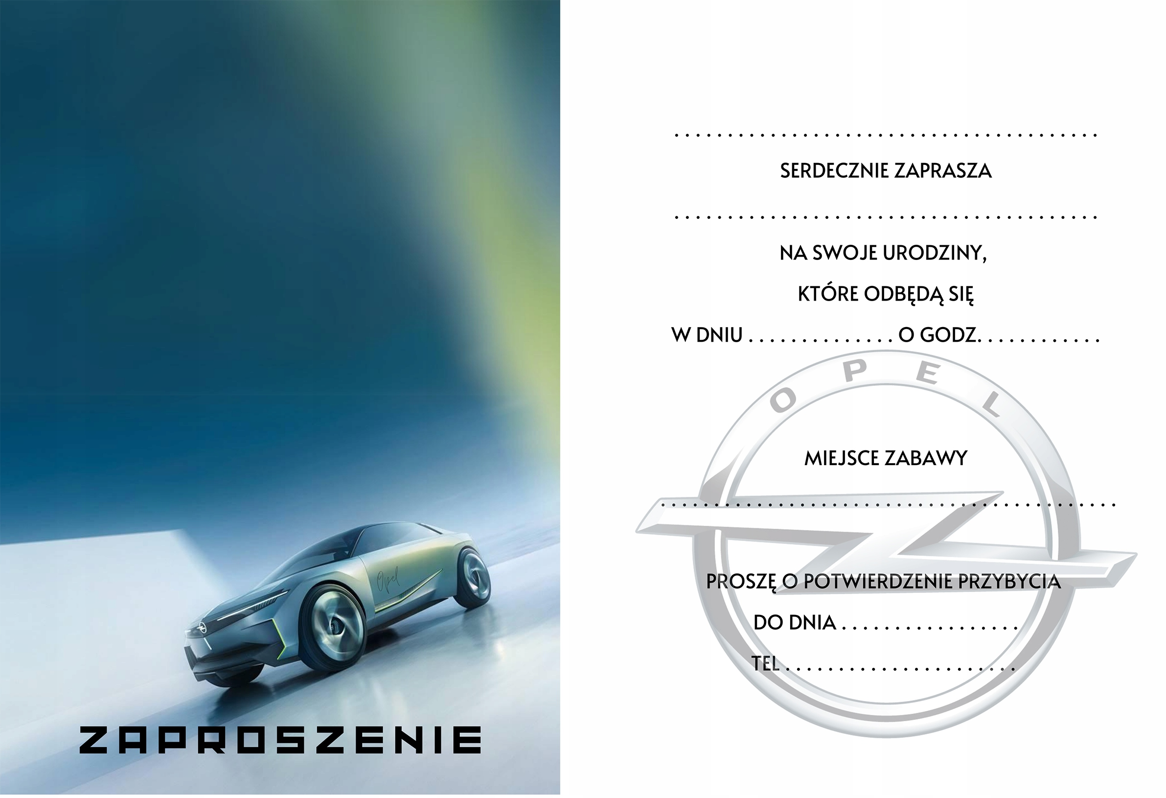 ZAPROSZENIE OPEL AUTA SAMOCHODY ZAPROSZANIA URODZINOWE 20x15 cm Marka inna
