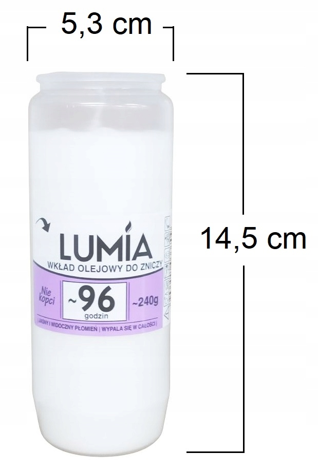 40x WKŁAD OLEJOWY do zniczy LUMIA 96 godzin=4 dni Wysokość produktu 14.5 cm