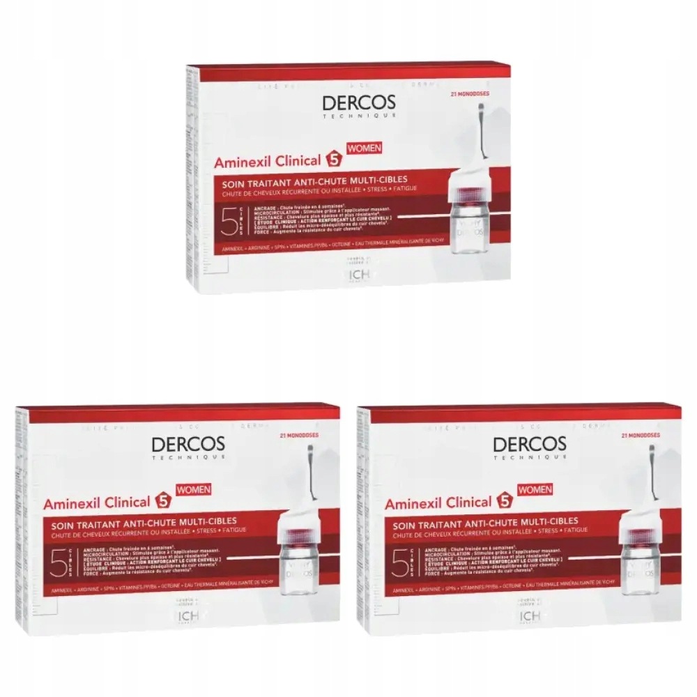 3x Vichy Dercos Aminexil Clinical 5 kuracja dla kobiet, 6 ml x 21 ampułek