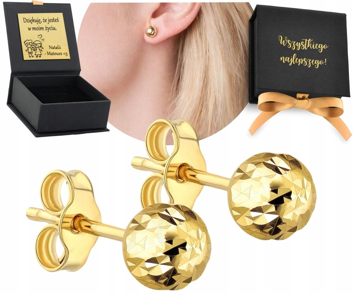 Na Dárek Zlaté Náušnice Diamantové Kuličky Šrouby 585 8 Mm Gravírování