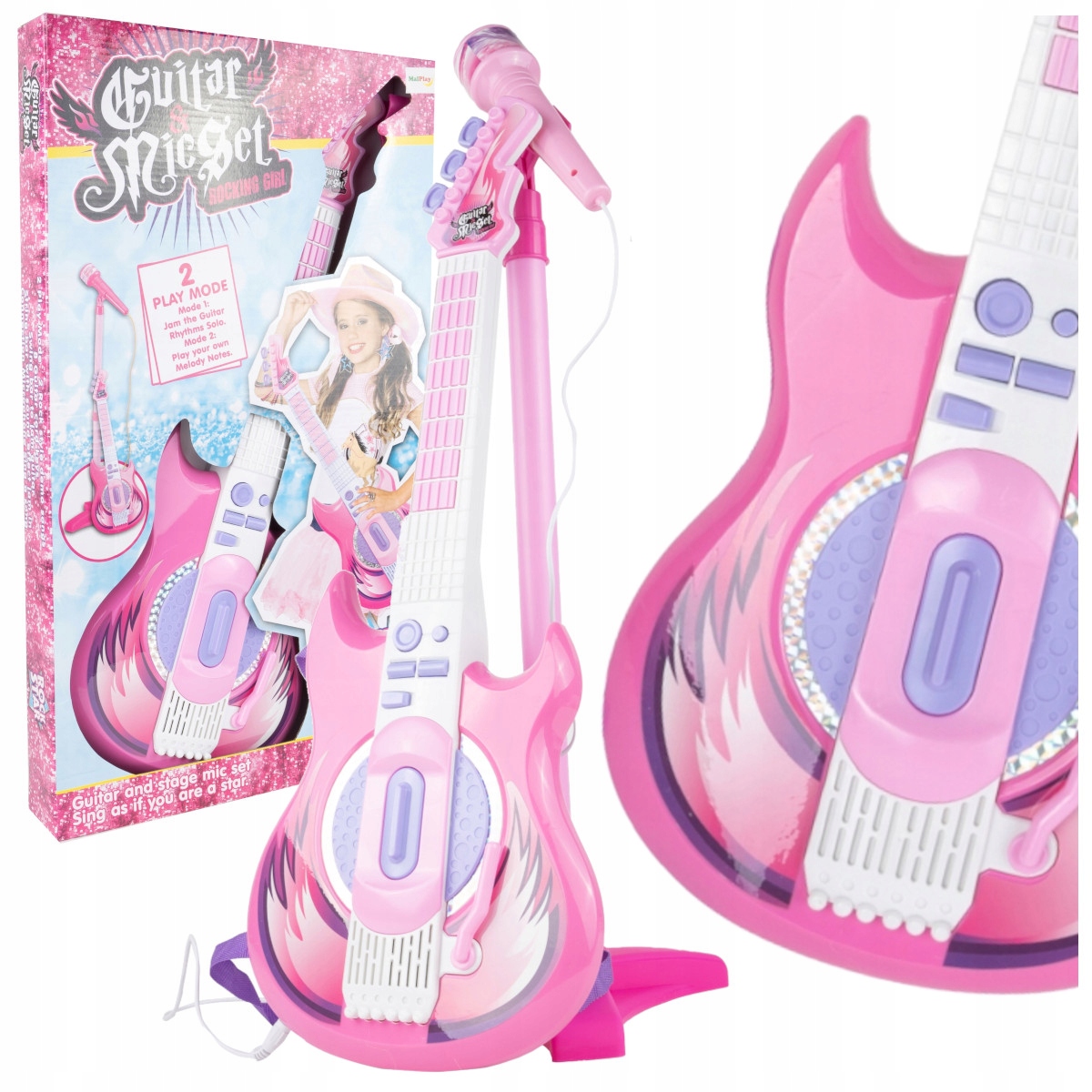 

Gitara Rockowa Dzieci Gra Melodie Mikrofon Statyw