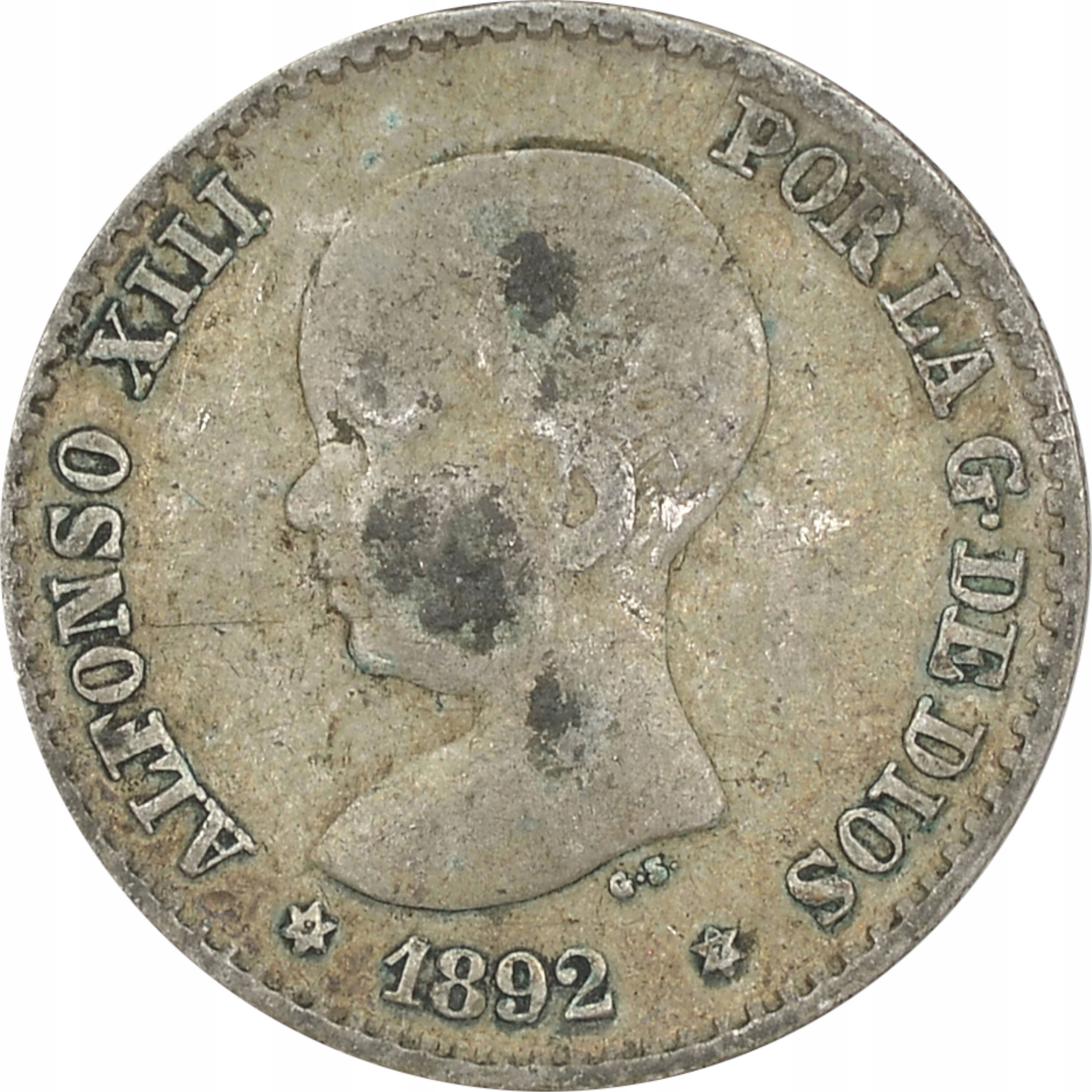 4.HISZPANIA, ALFONS XIII, 50 CENTIMOS 1892 PG M