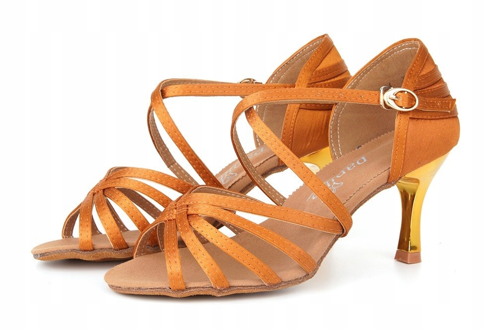 Buty Do Tańca Taneczne Brązowe Złoty Obcas 7,5cm