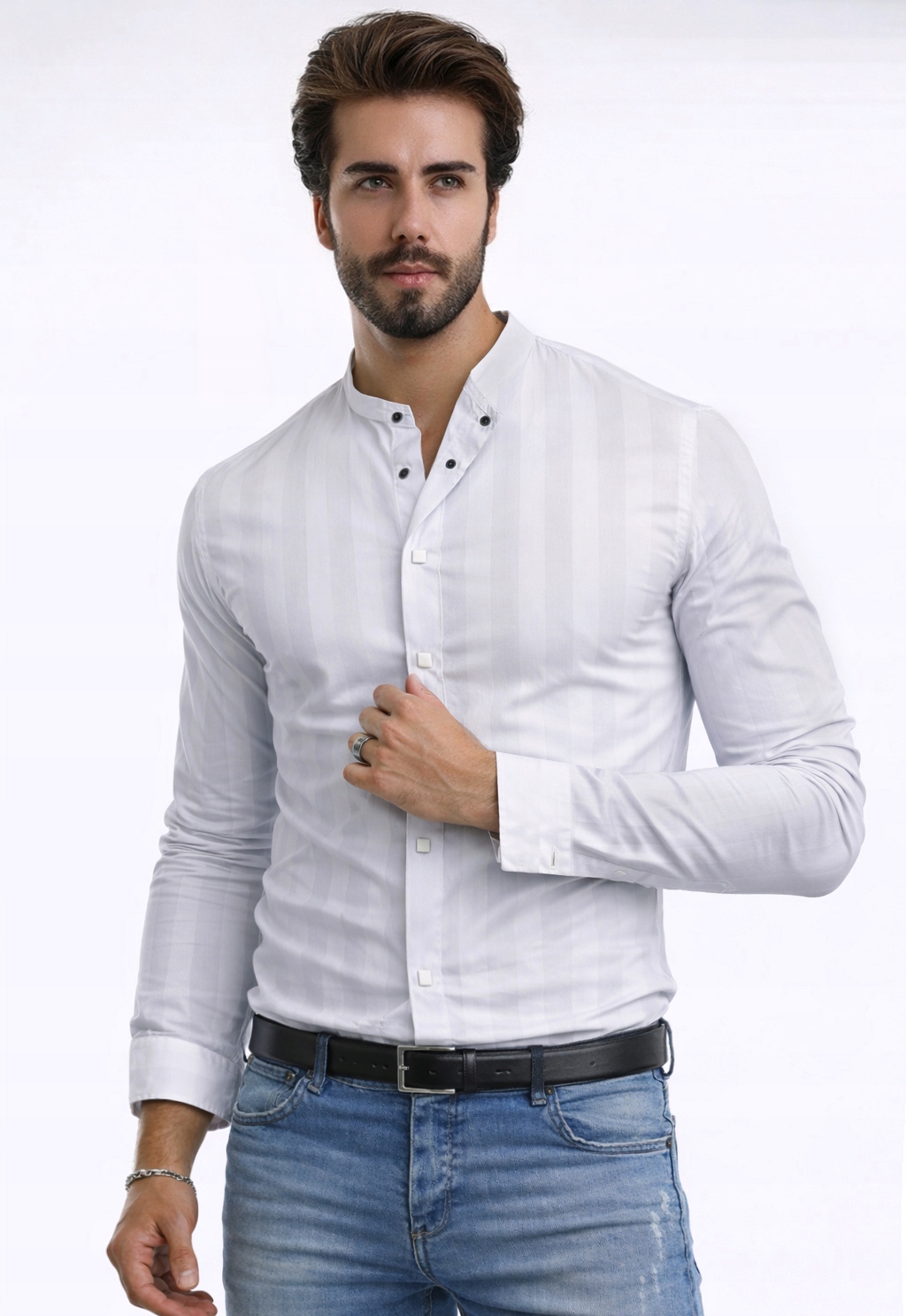 Pánská košile bez límce Košile s dlouhým rukávem Pruhy Regular