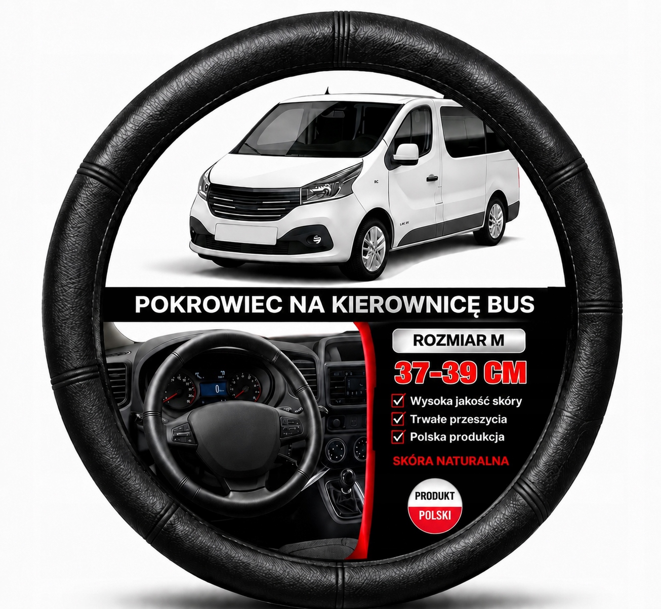 Nakładka Na Kierownicę Skóra Gładka Skórzany Pokrowiec Śr 37-39cm M