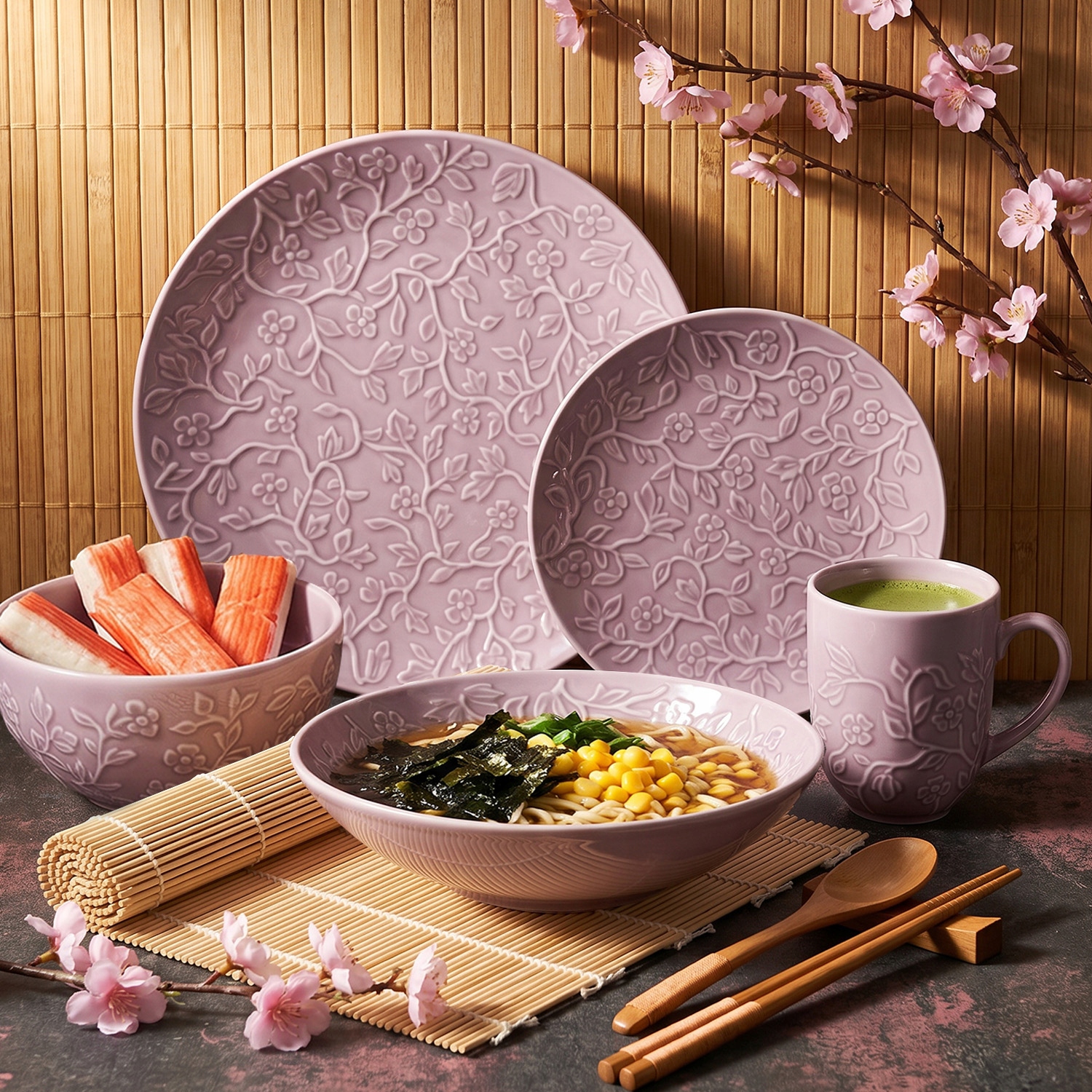 Lubiana Hanami Lawenda Serwis obiadowy 120el 24os porcelana kwiatowy relief