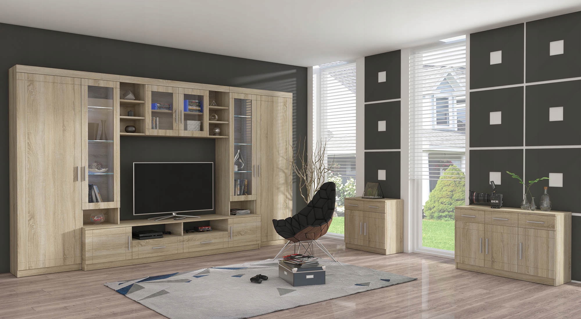 Velká Skříň Nábytková Stěna S Led Sprchovou Vitrínou Paris Sonoma