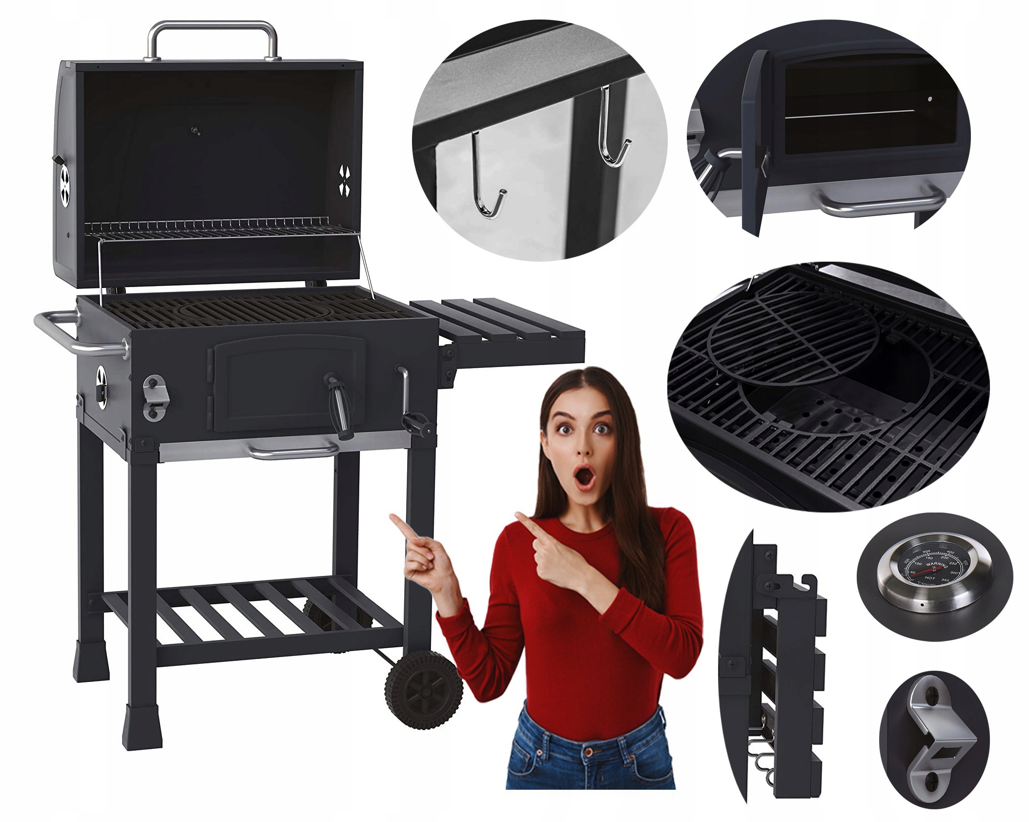 3w1 Grill Węglowy Premium Popielnik Otwieracz Ruszt Żeliwny Półka Kółka XXL