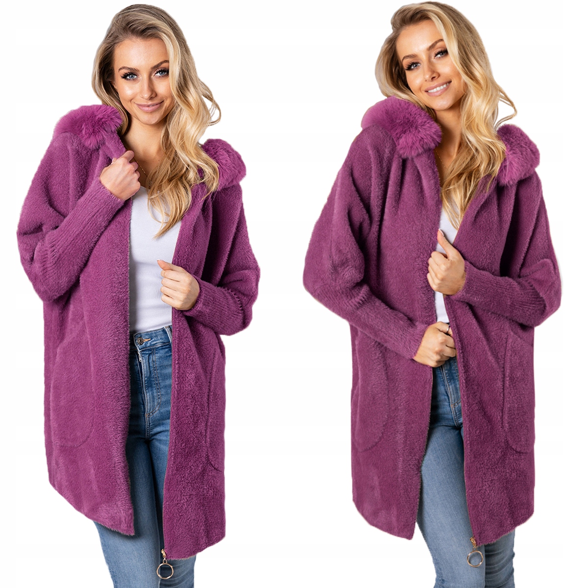 Nadýchaná Alpaka Kabát Kapuce s kožešinou Měkký Teplý Dámský Vřesový