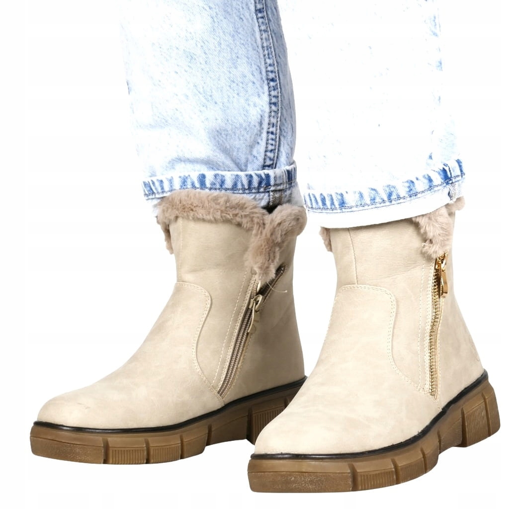 Béžové Kotníkové Boty Na Platformě, Koturnie S Kožíškem Kožíšek