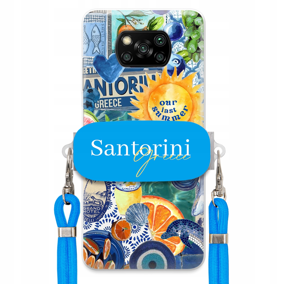 Puzdro pre Xiaomi Poco X3 Modré Crossbody vodítko držiak Santorini Greece
