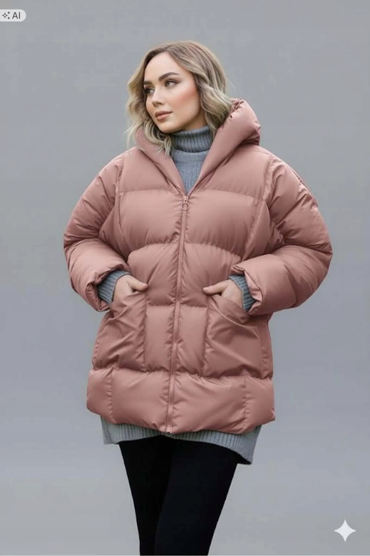 Prošívaná Teplá Oversize Bunda S Kapucí Pudrová L 5IA