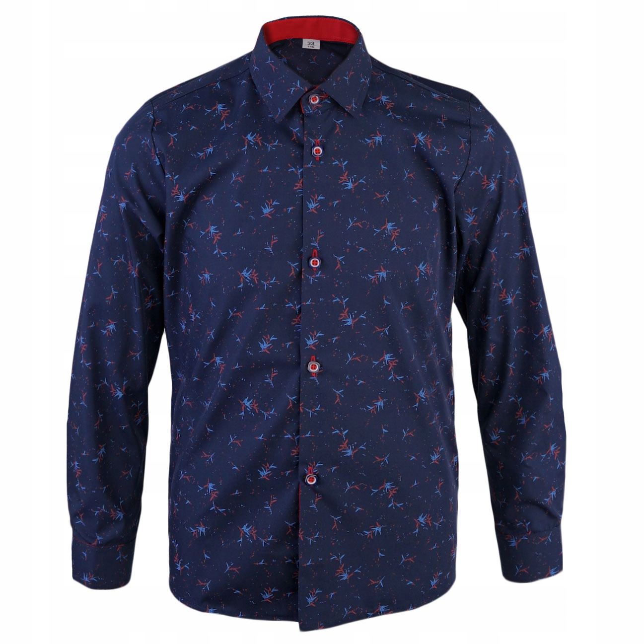 Chłopięca koszula elegancka wizytowa długi rękaw granatowa igiełki red 140