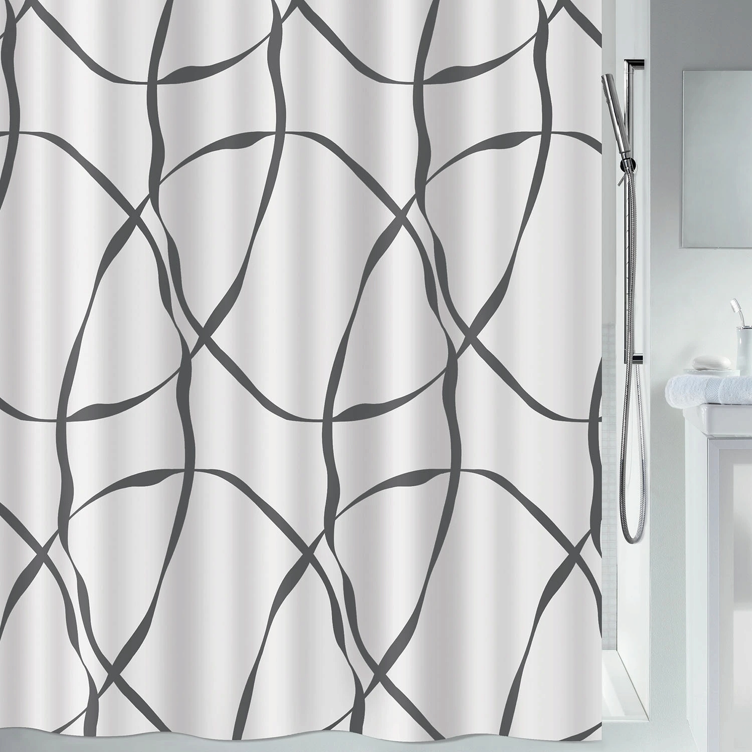 Spirella sprchový závěs Ribbon, motiv stuhy, bílý, 120 x 200 cm, polyester