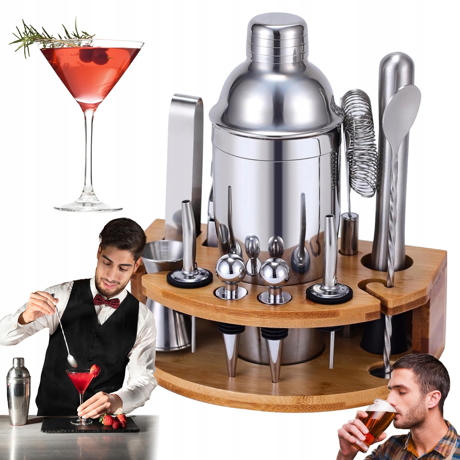 Barmanská Sada Nerezová Ocel Stříbrná, 12 Kusů, Dřevěný Stojan