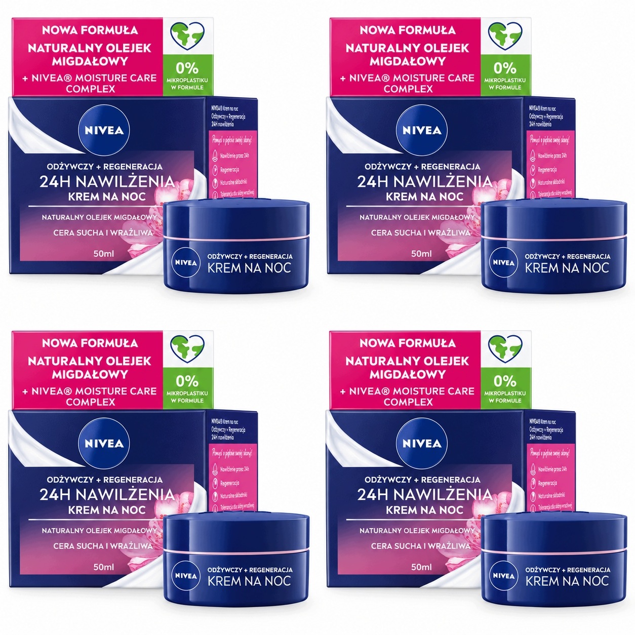 Nivea Krem do twarzy damski nawilżający na noc Cera sucha wrażliwa 50ml x4