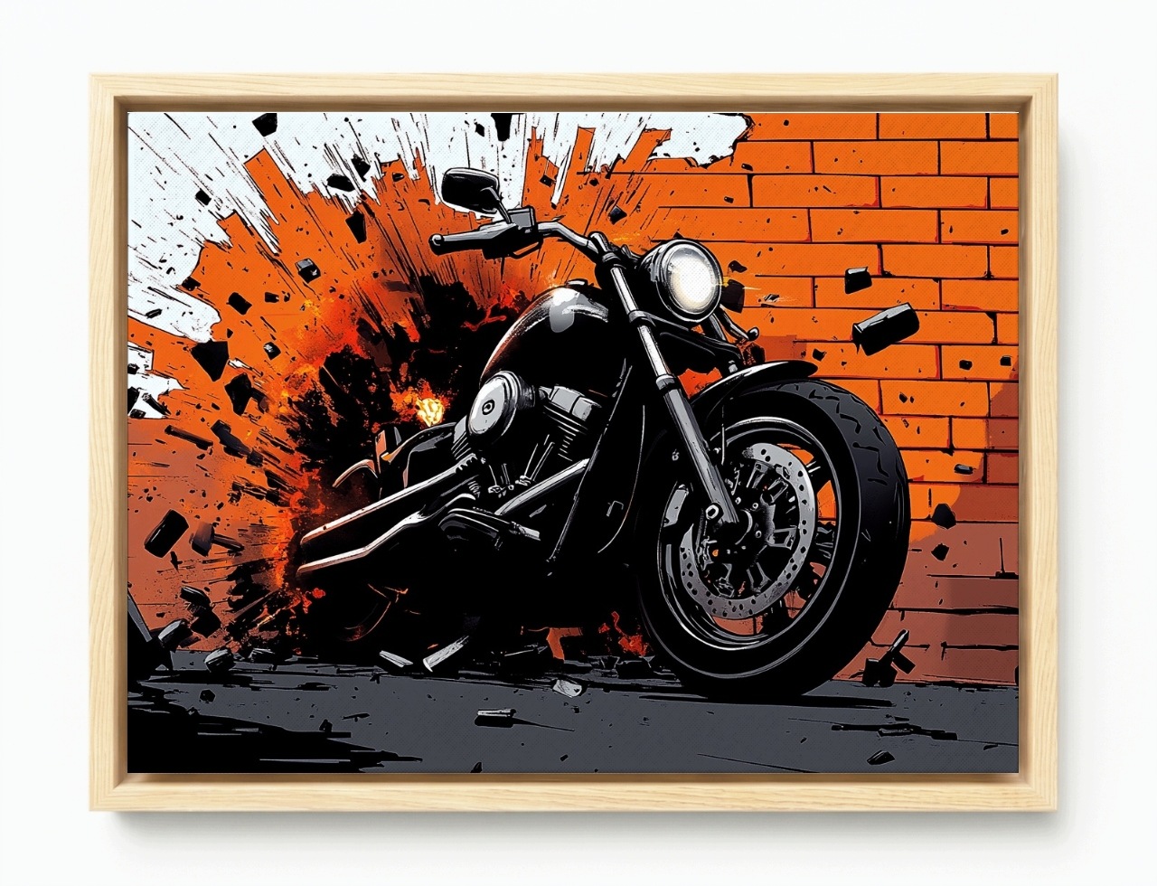 Obraz Rám American Box Grafika Komiks Cihlová Zeď Motocykl Motor 100x75
