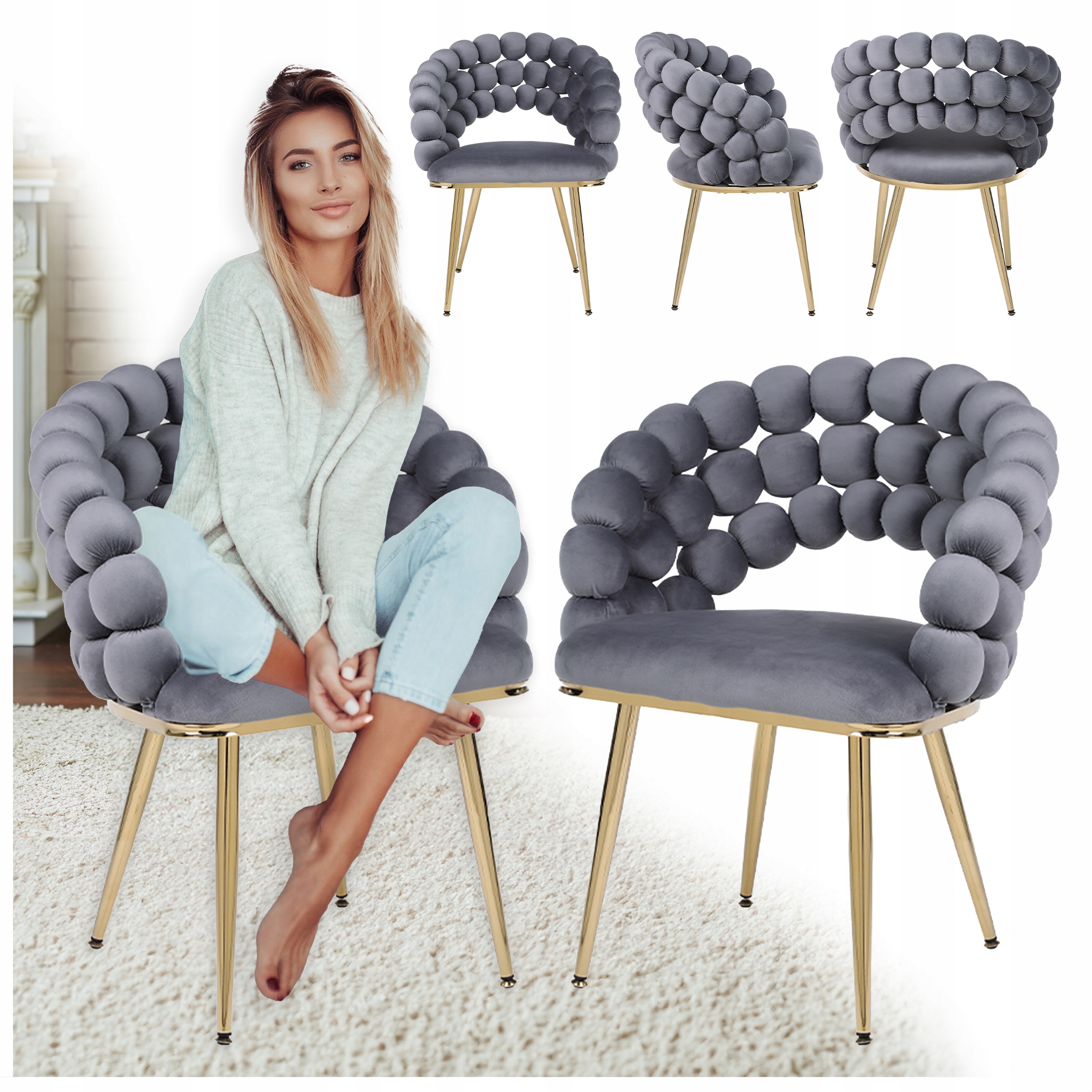 Fotel Krzesło Bubble Welurowe Tapicerowane Atria Ciemno-szary Nogi Złote