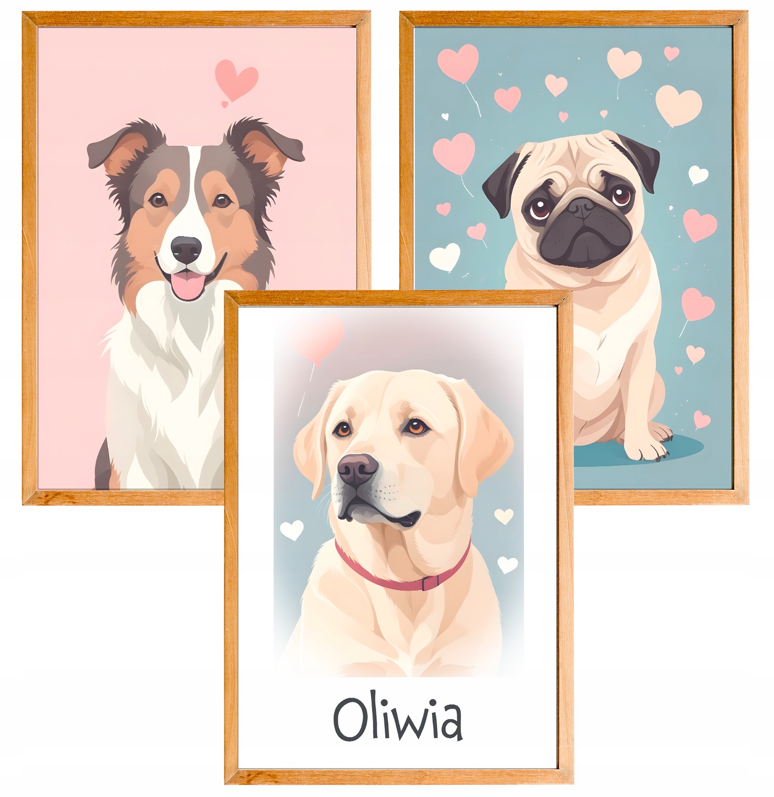 3 obrazki do pokoju dziecięcego A4 plakaty psy pieski na prezent imię